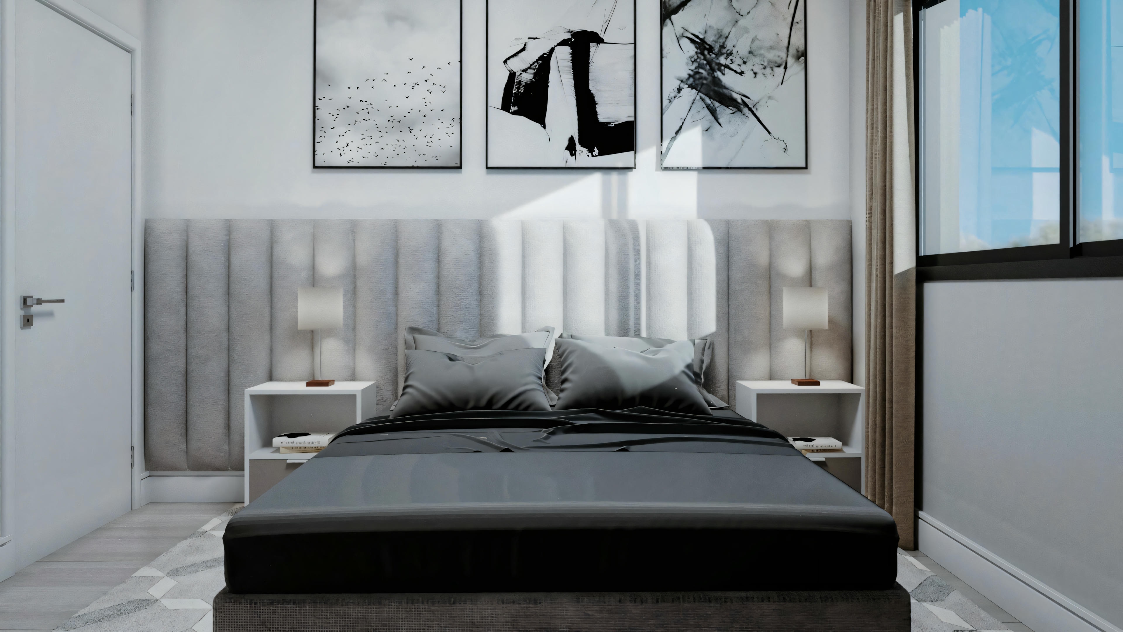 Bedroom with a large bed in the foreground, two nightstands, and a picture above the headboard.