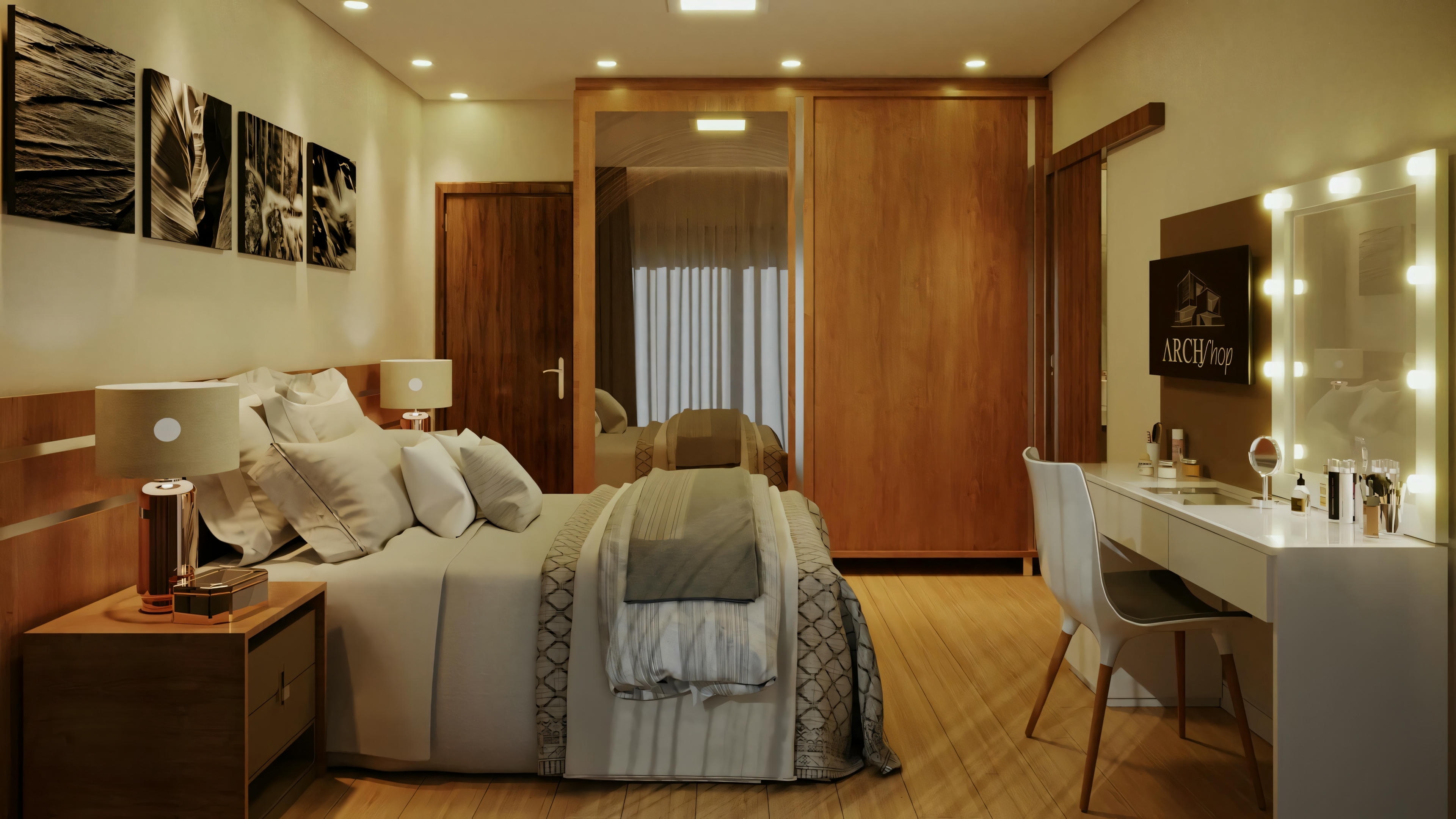 A bedroom with a made bed, nightstands with lamps, and an open door leading to another room.