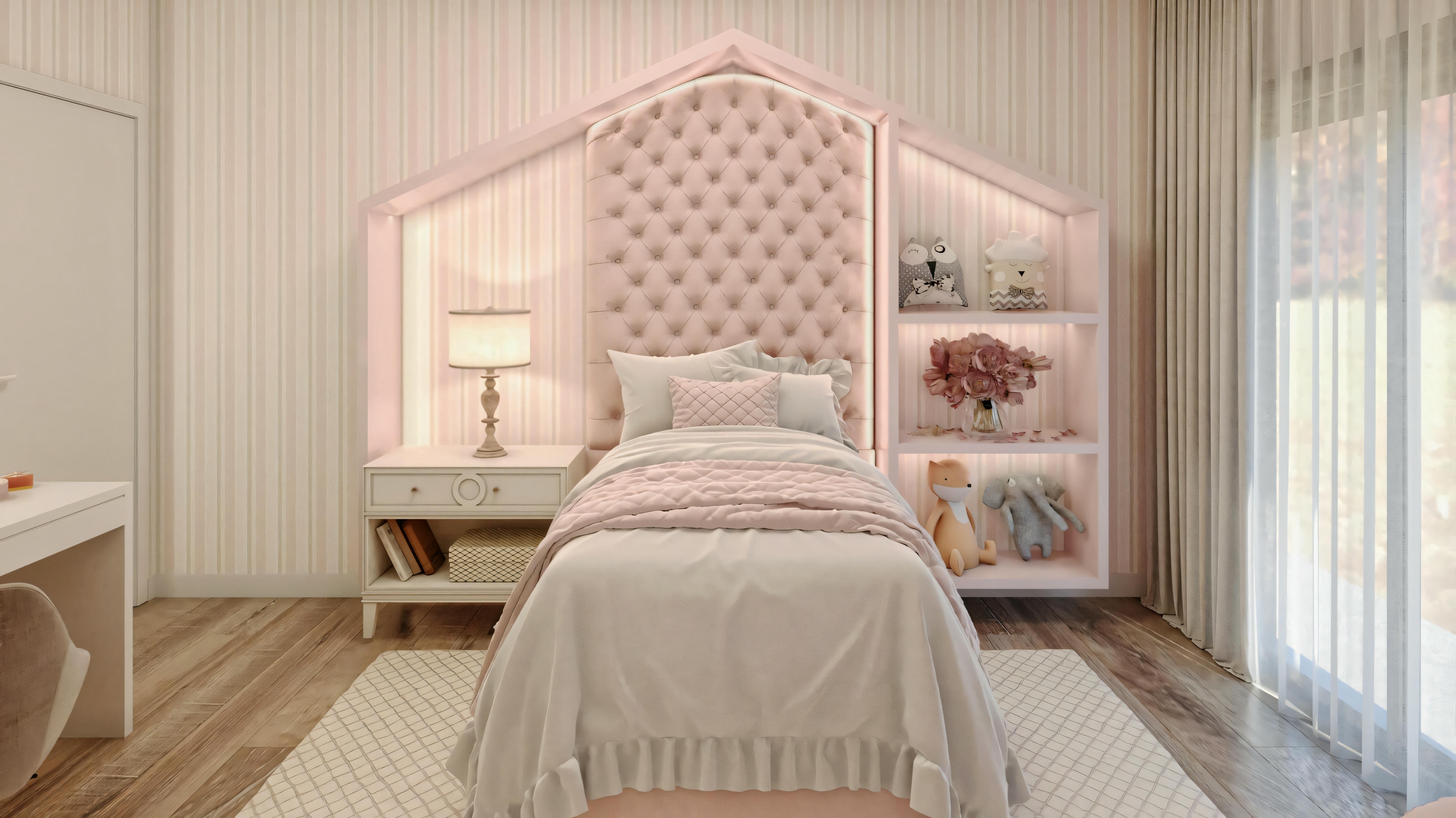 A bedroom with a patterned wallpaper, a large bed with pink and white bedding, nightstands with lamps, and a window or artwork above the headboard.