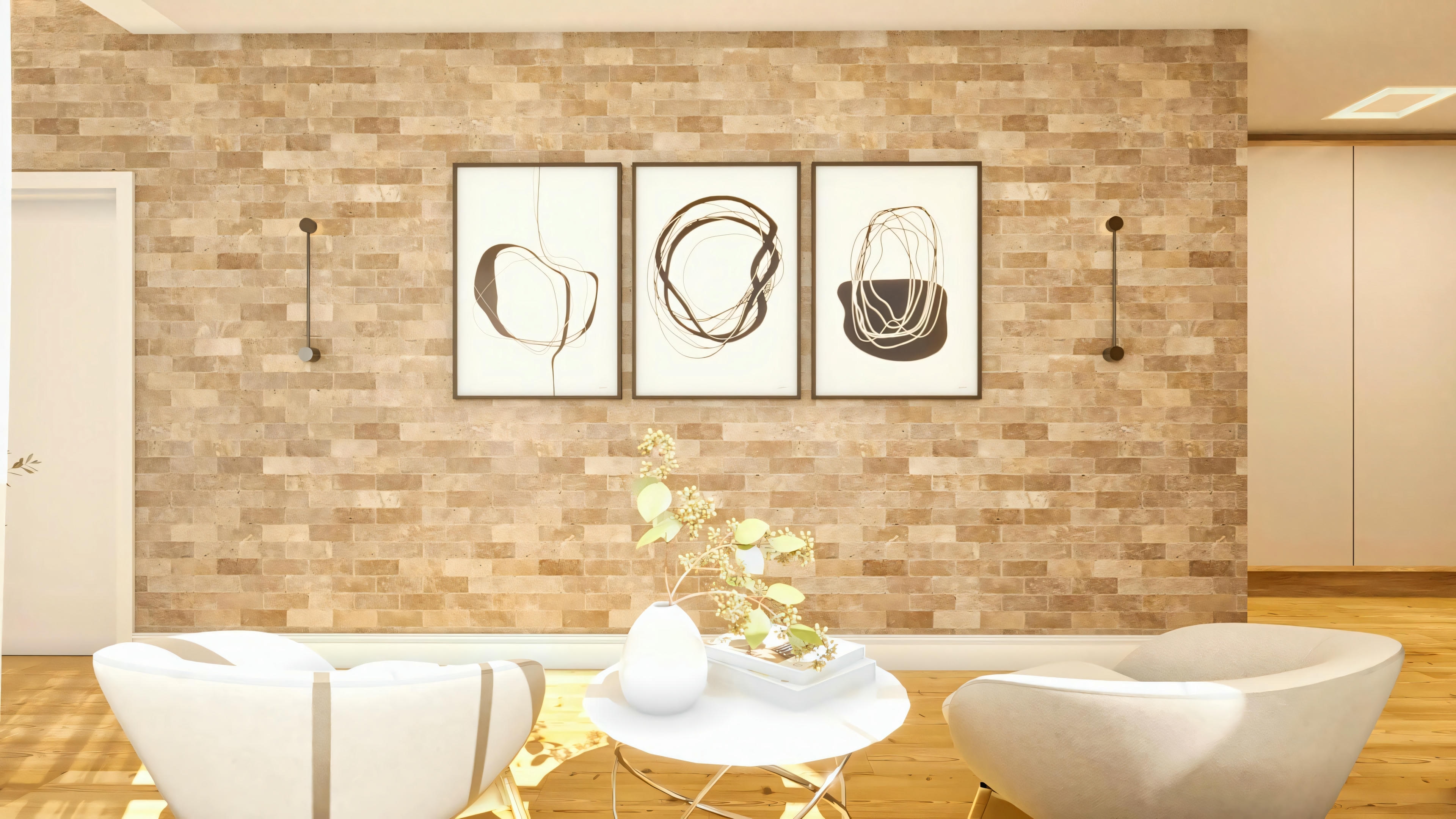 Interior decoration detail of the living room in the two-story house architectural project, featuring a wall with exposed brick-style cladding, adorned with a set of three abstract paintings and modern sconces.