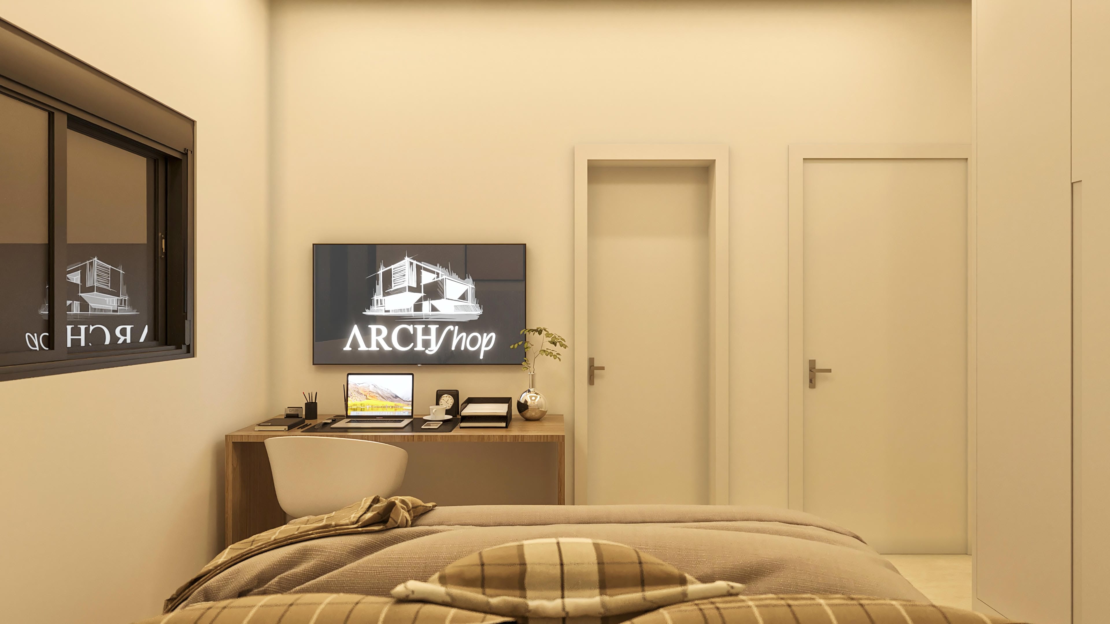 Interior de una casa de dos niveles con cama acogedora, mesa de trabajo funcional y ventana con vista a un boceto arquitectónico.