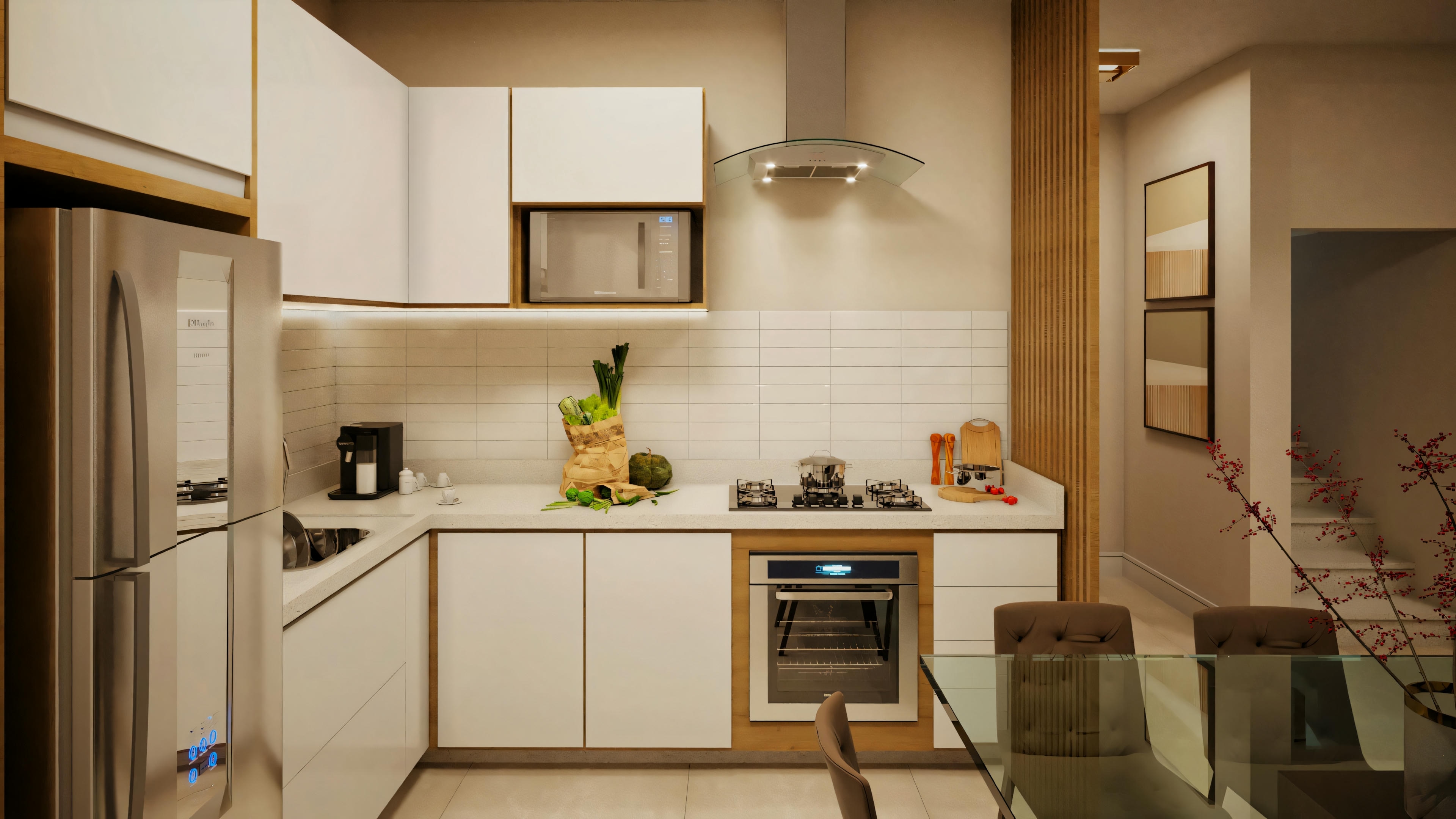 Una cocina moderna con gabinetes blancos, electrodomésticos de acero inoxidable y estantería abierta que exhibe artículos de cocina.