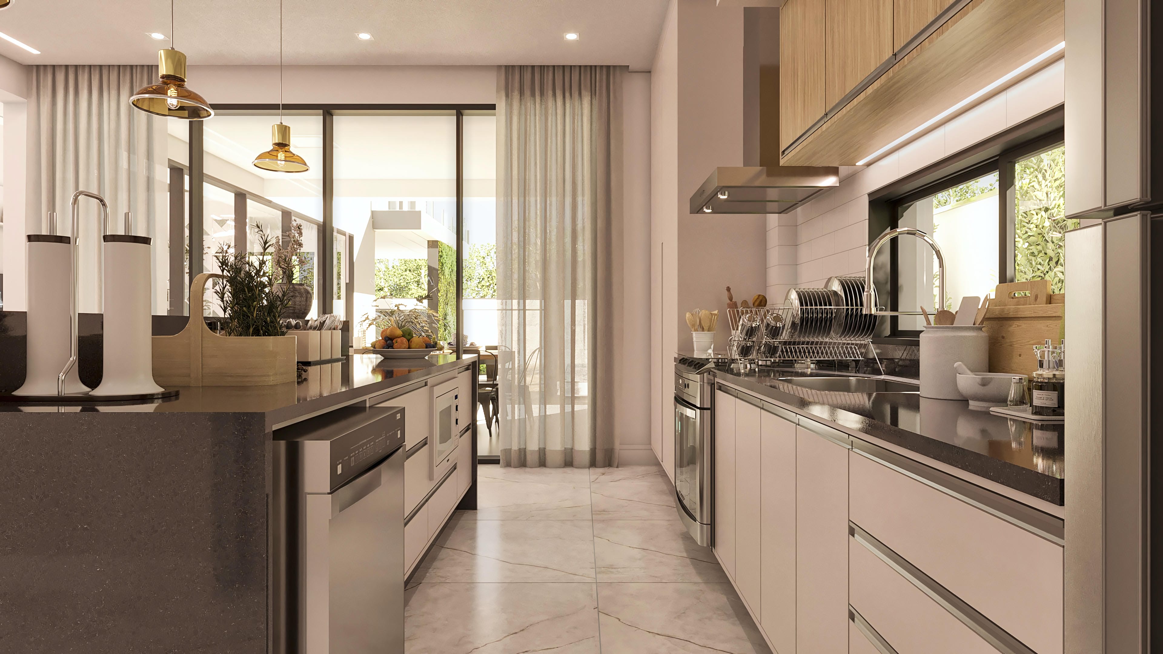 Cocina moderna con isla central en granito oscuro y armarios inferiores en tono nude, integrada con área de comedor y amplias ventanas hacia el exterior.
