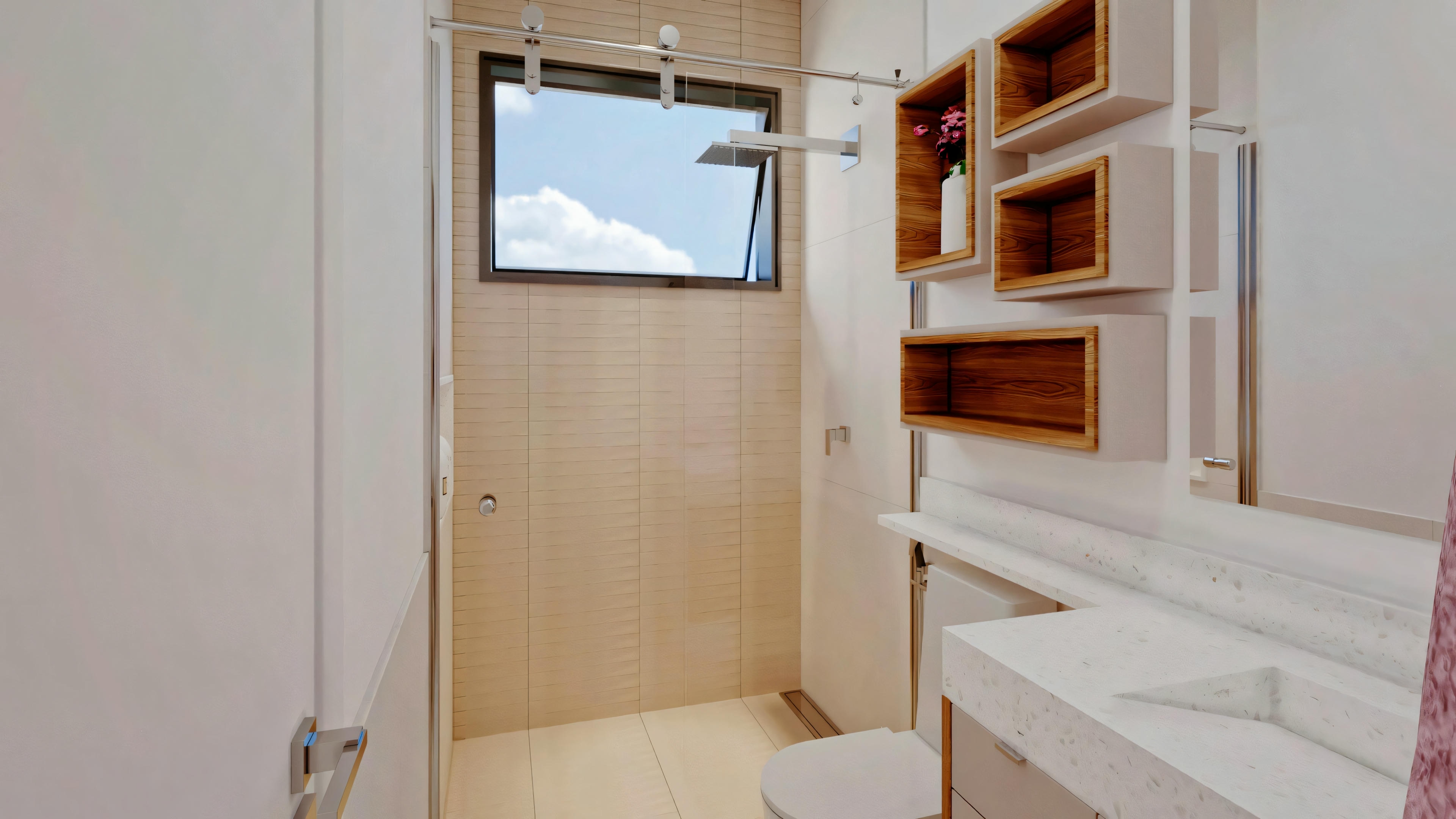 Bathroom with wood accents, toilet, and bathtub with an exterior window.