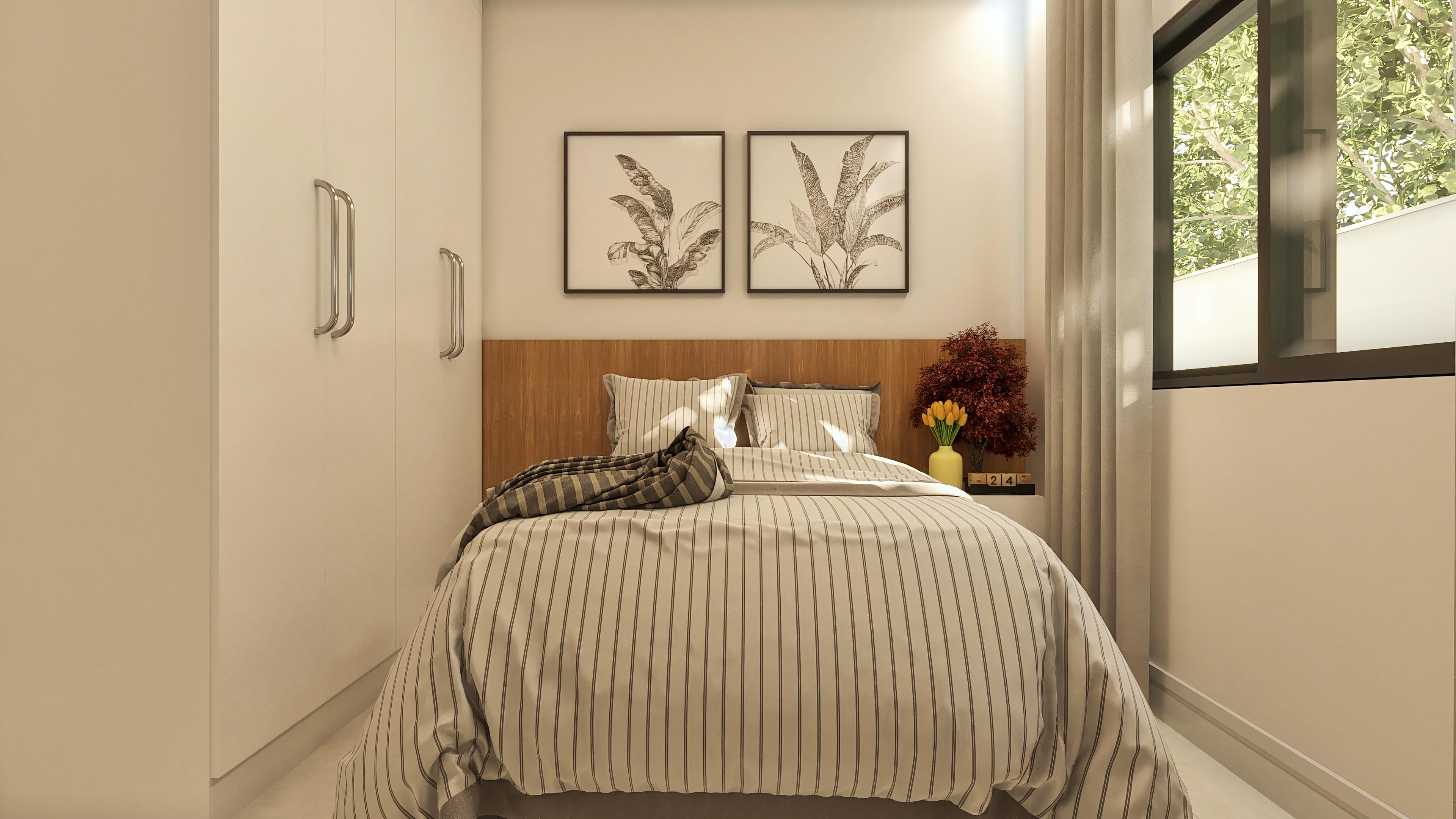 Bedroom interior with a queen-size bed, white built-in cabinet, and decorative picture. Window with a view of the outdoor area.