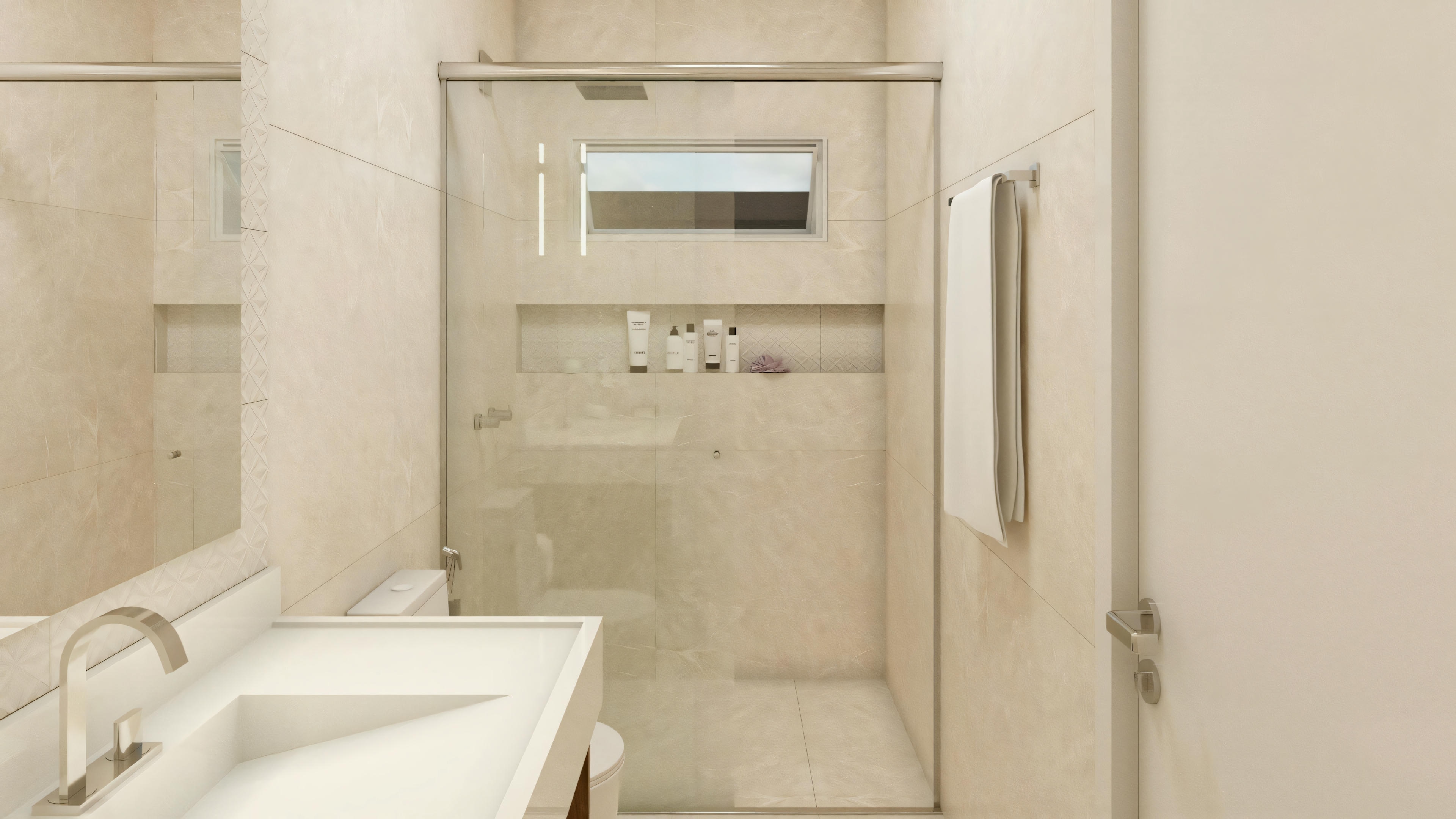 Un cuarto de baño con bañera, inodoro y lavabo parcialmente visible, todos en colores claros.