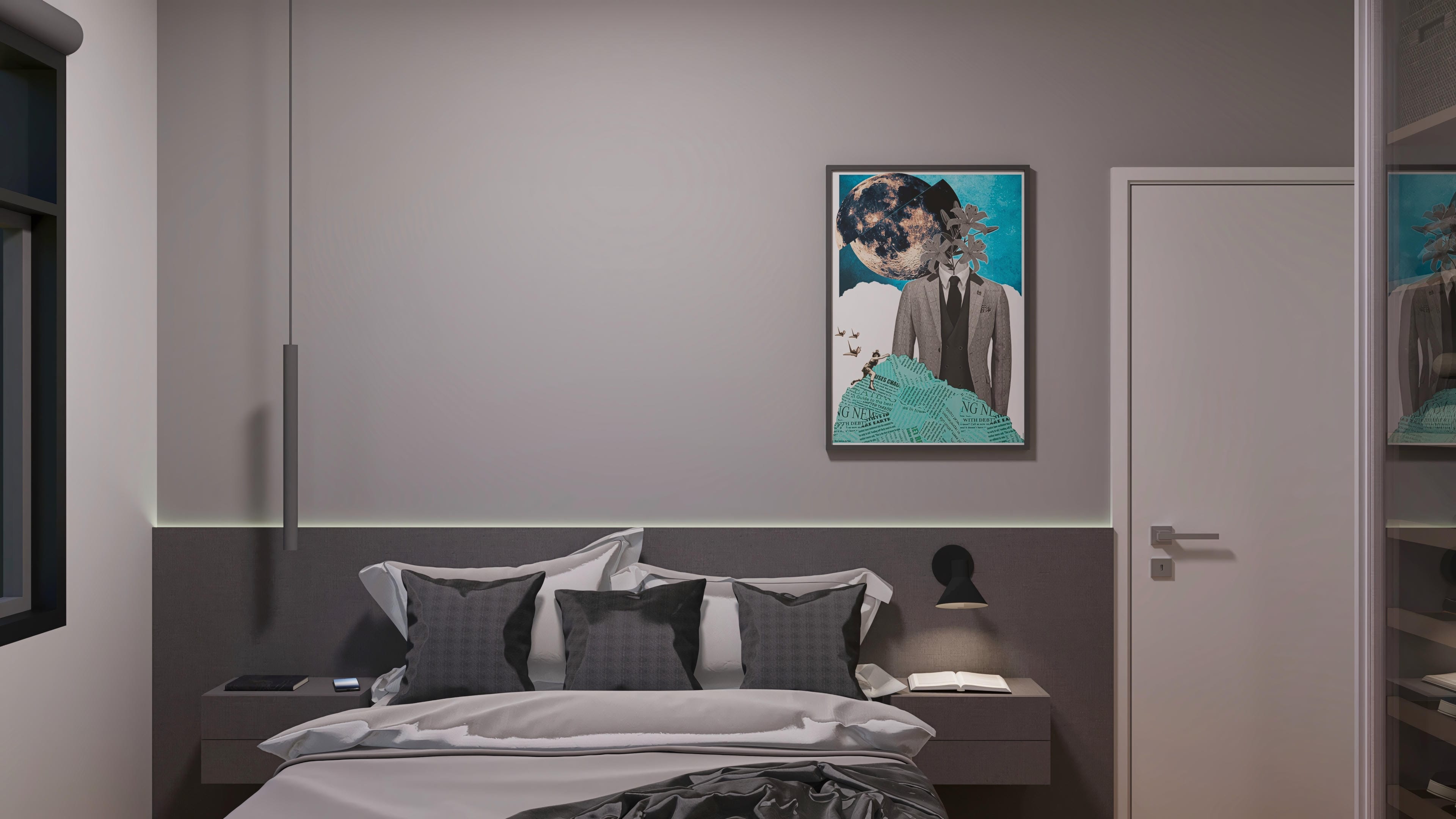 Interior of a bedroom with a queen-size bed, upholstered headboard, and built-in LED lighting. Minimalist decor with abstract artworks.