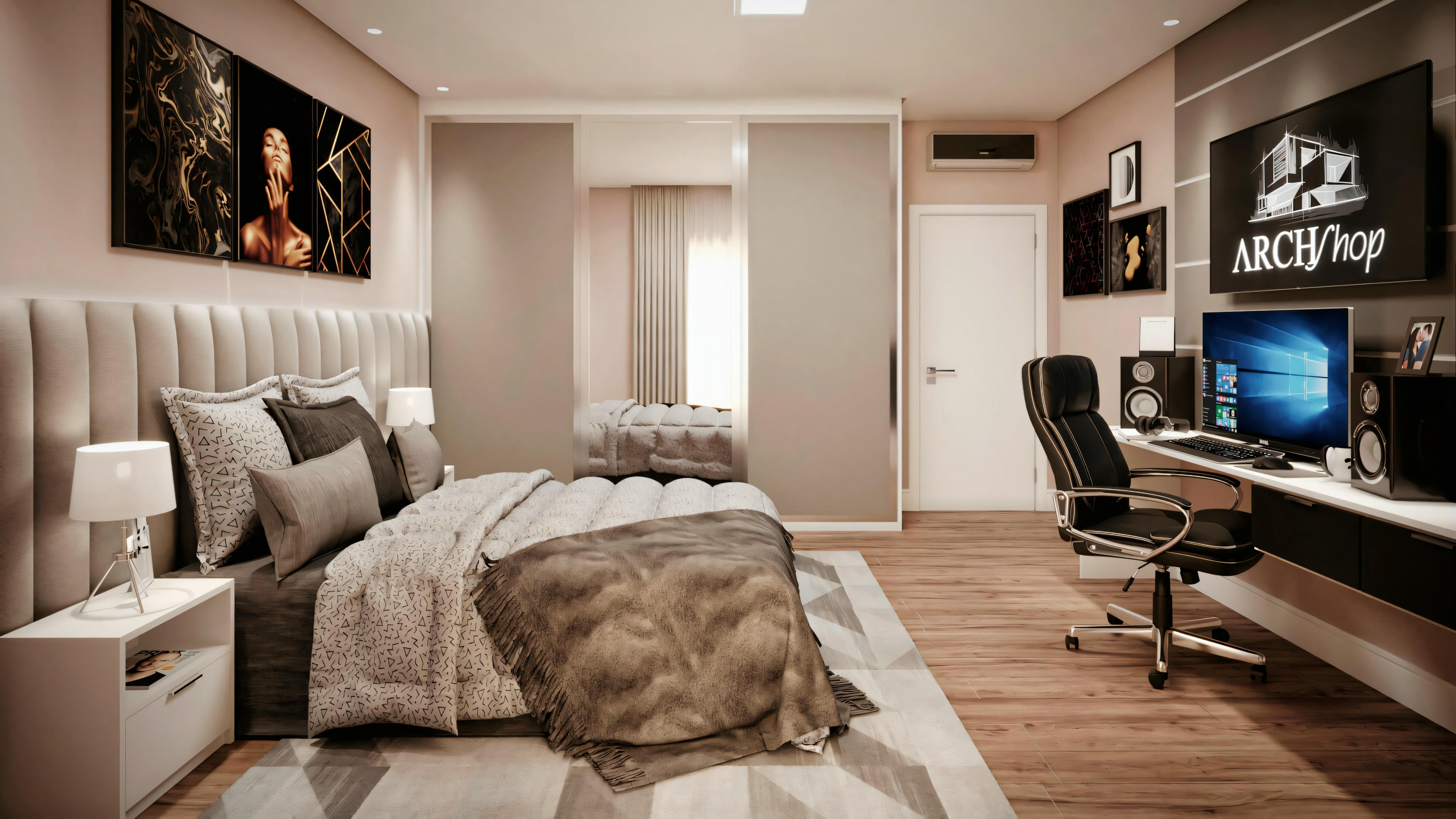 Un dormitorio con cama grande en el centro, mesillas de noche y unidad de entretenimiento con televisión frente a la cama.