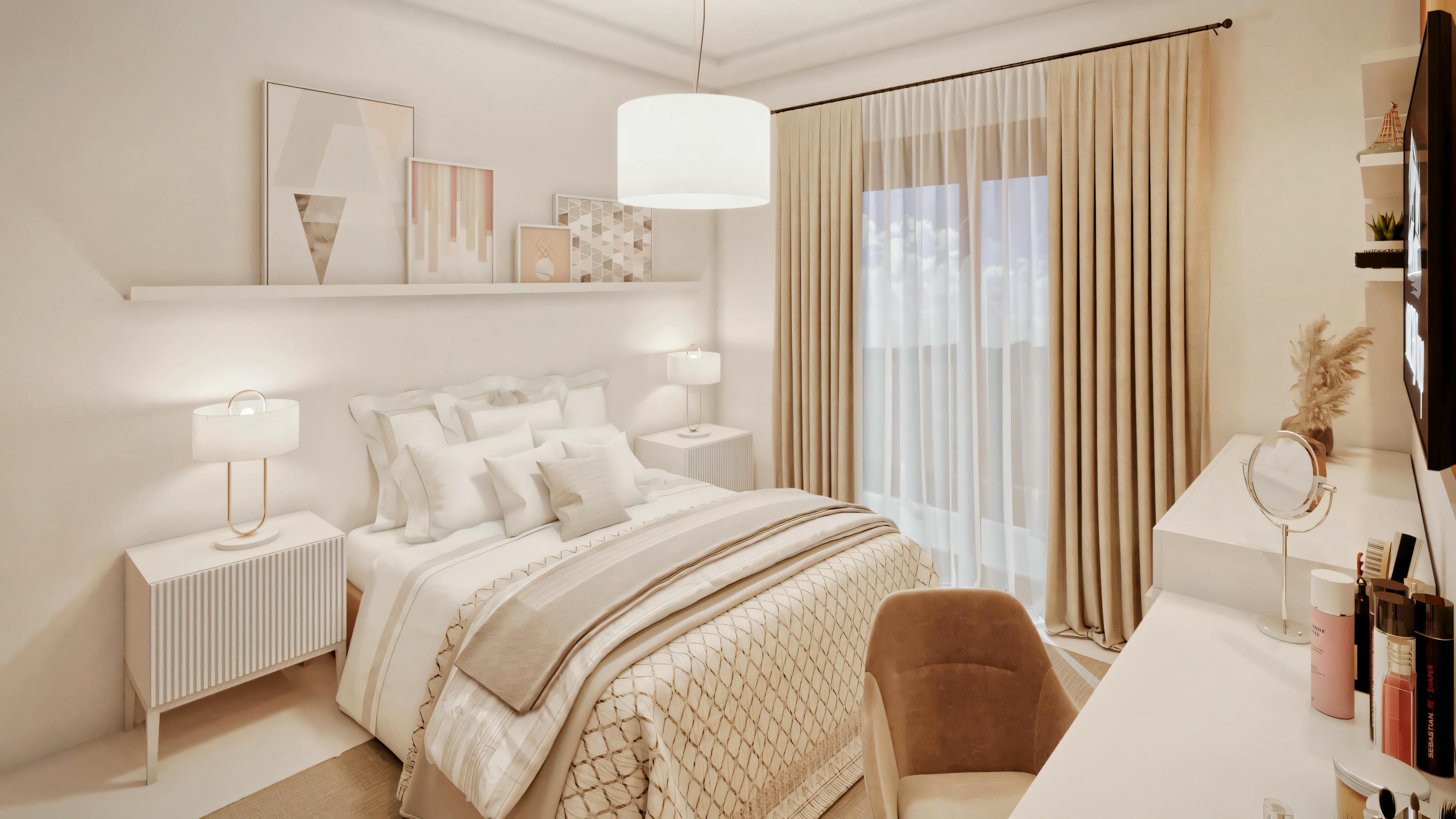 El mismo dormitorio visto desde un ángulo diferente, mostrando la cama, mesas de noche, cortinas y parte de la ventana.