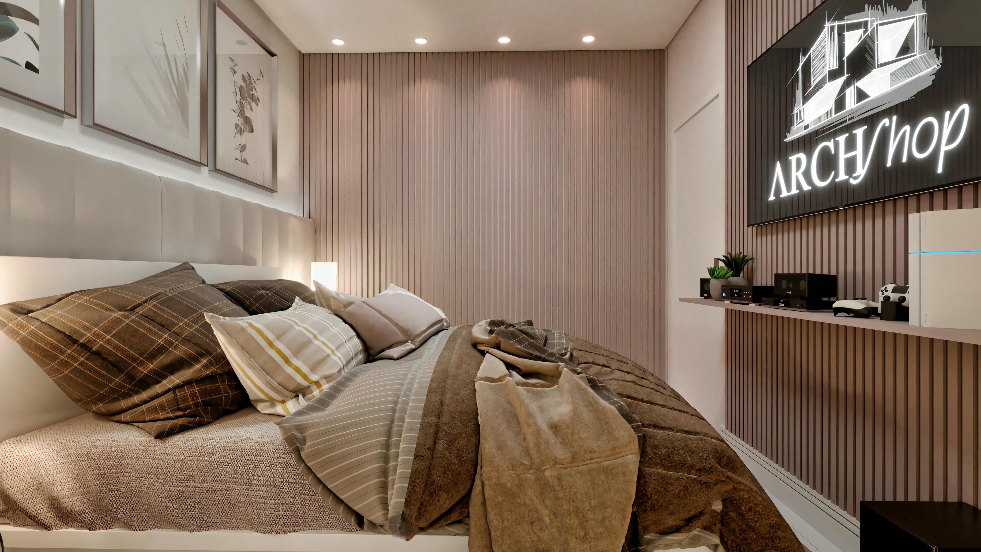 Dormitorio con cama, almohadas, mesita lateral y placa de pared