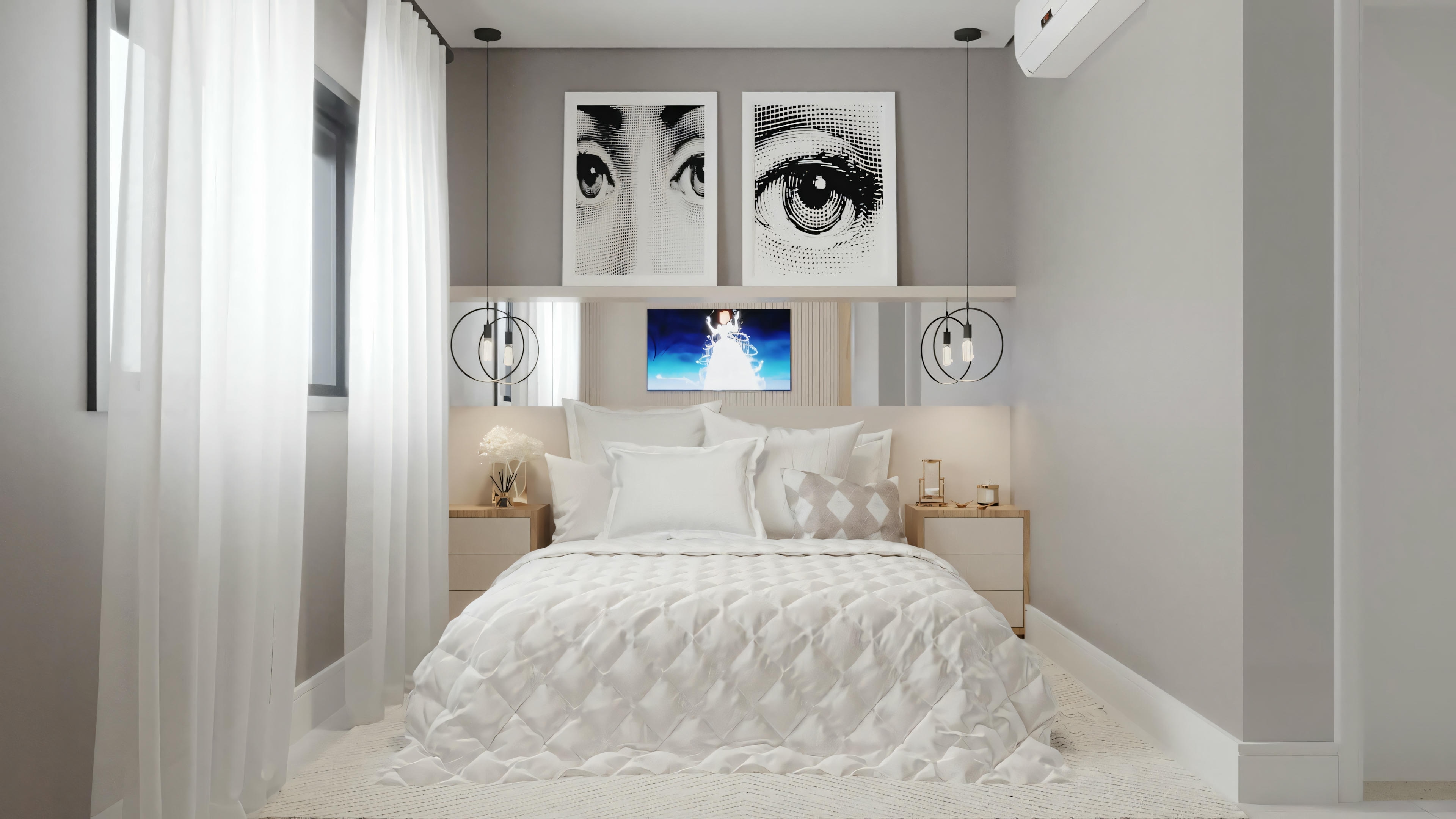 Un dormitorio moderno con una cama grande en el centro, paredes blancas y una obra de arte de un ojo sobre la cama.