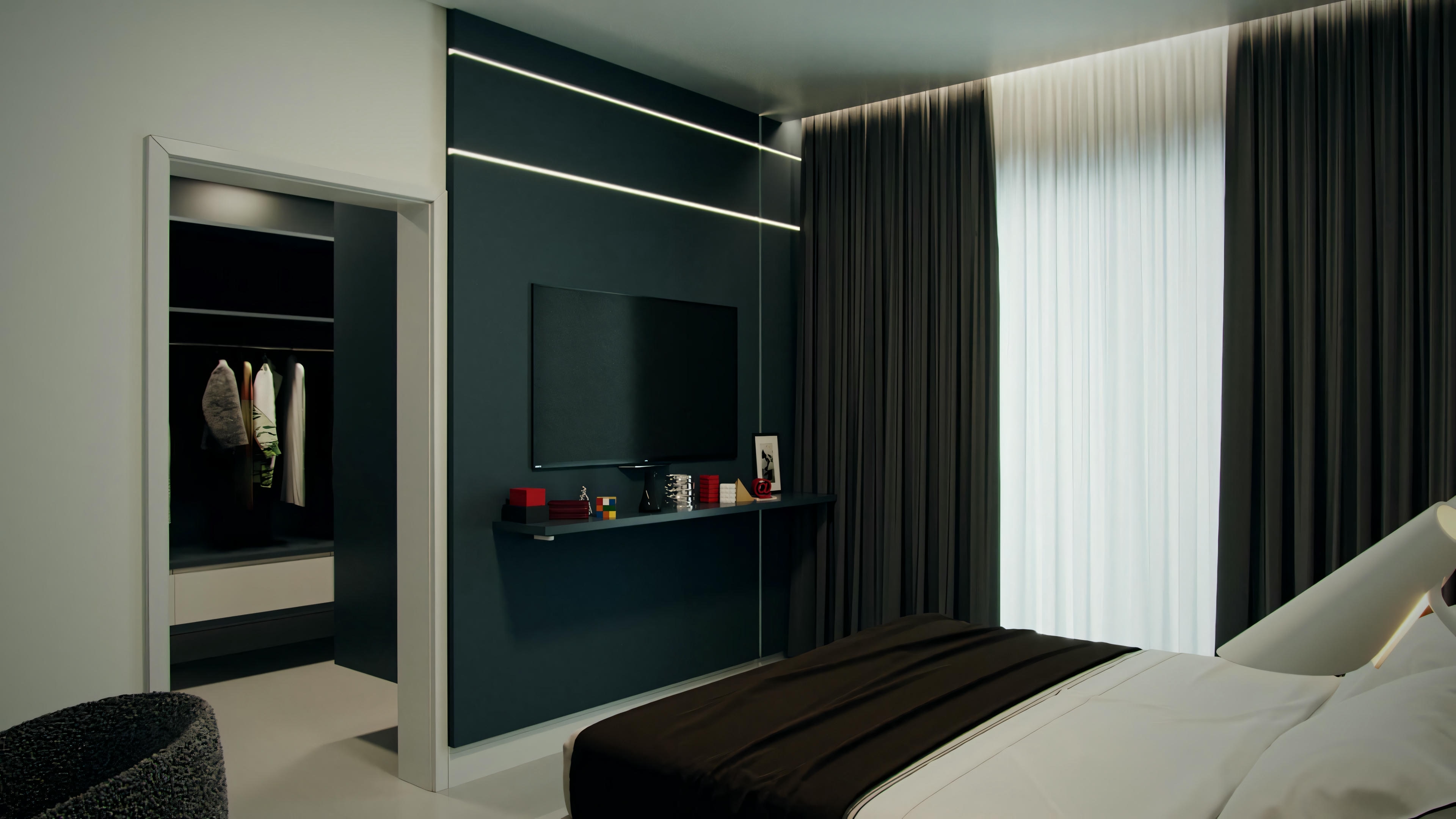 Un dormitorio con esquema de colores oscuros, cama, mesitas de noche y ventana con cortinas.