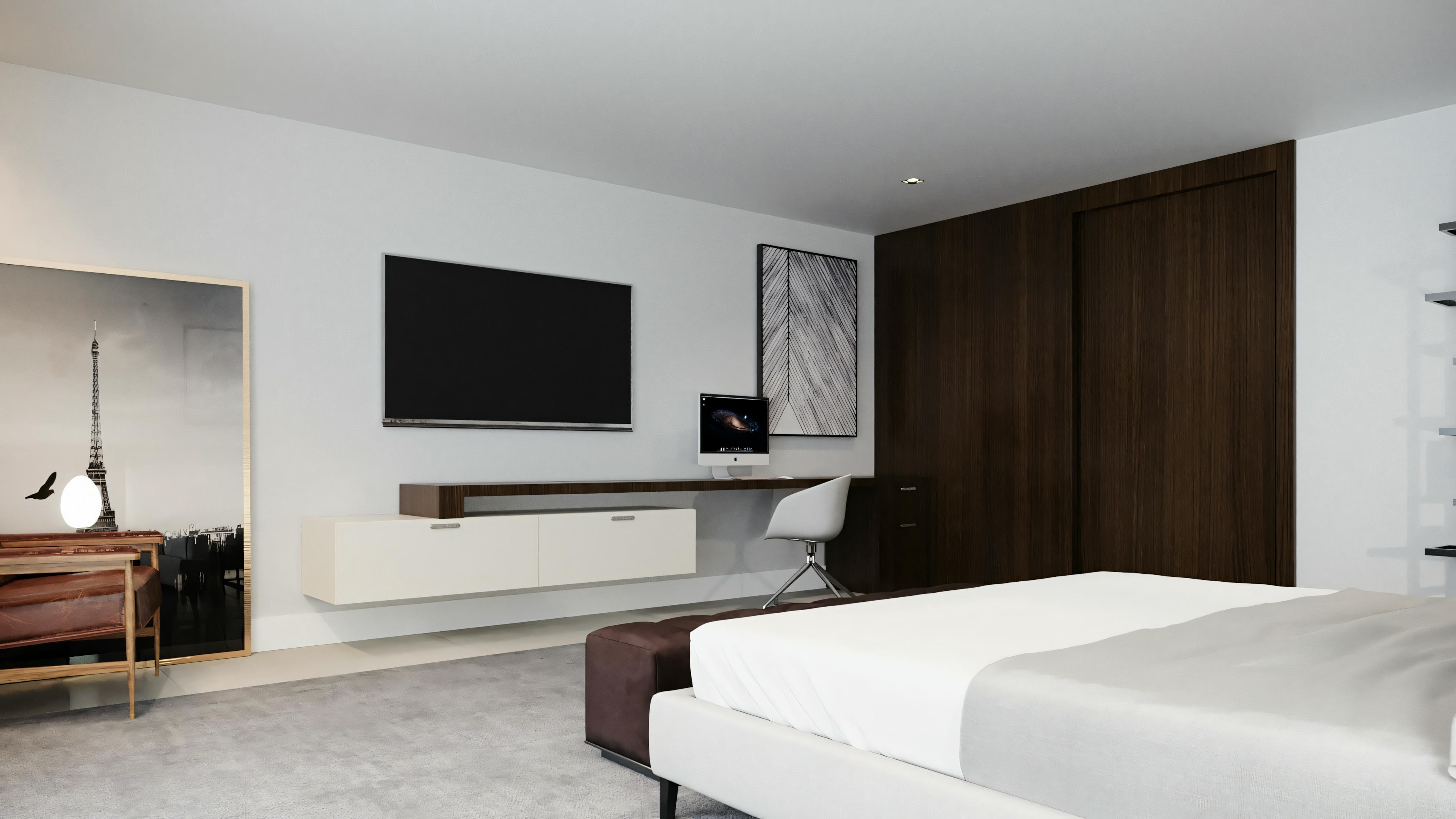 Un dormitorio moderno con decoración contemporánea, que presenta una cama grande con ropa de cama blanca y una TV de pantalla plana en la pared opuesta.