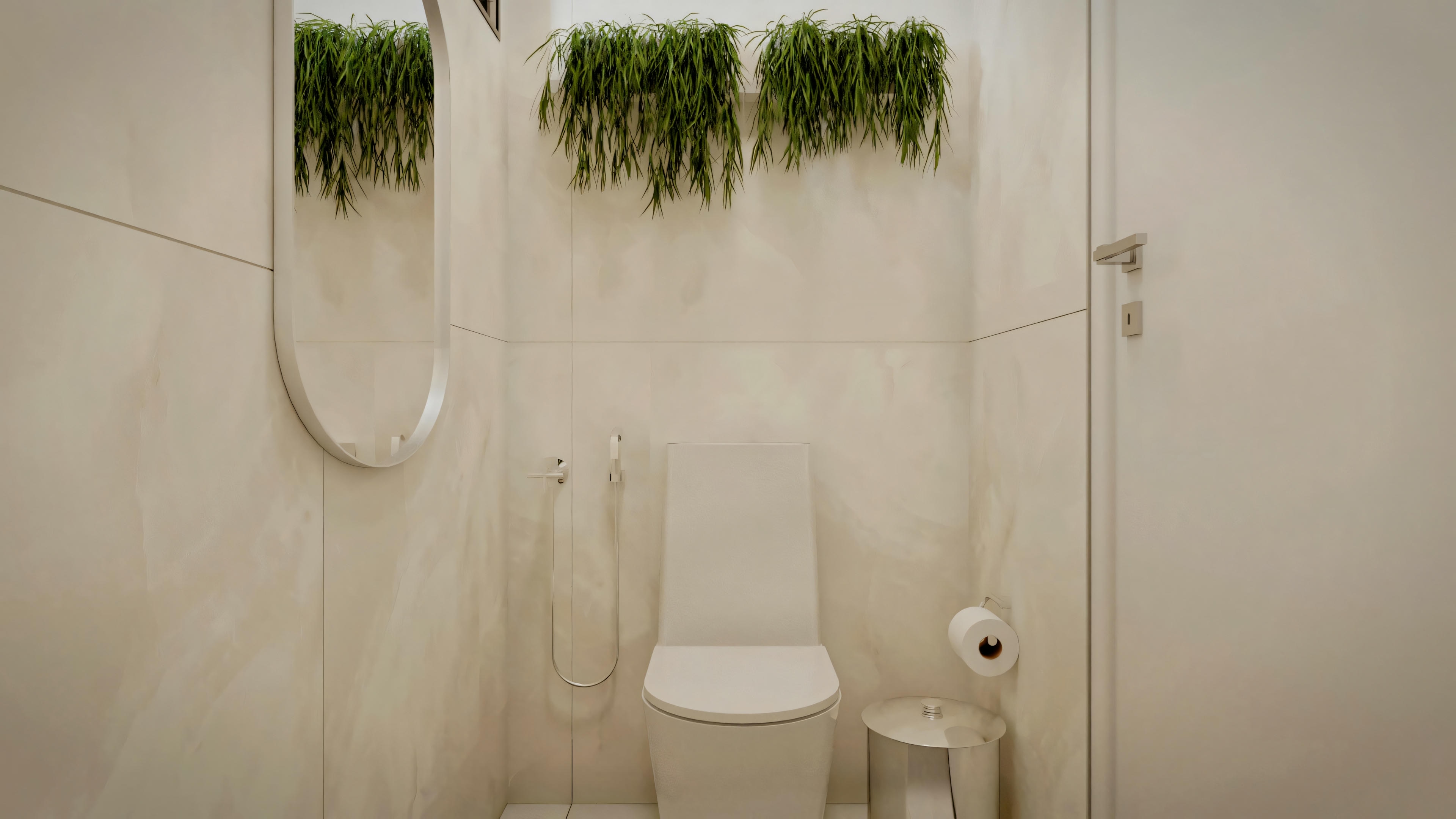 Ángulo del dormitorio de suite en proyecto de casa moderna, evidenciando la cama, el panel de madera que se extiende por la pared, el armario de espejo y la TV de pared.