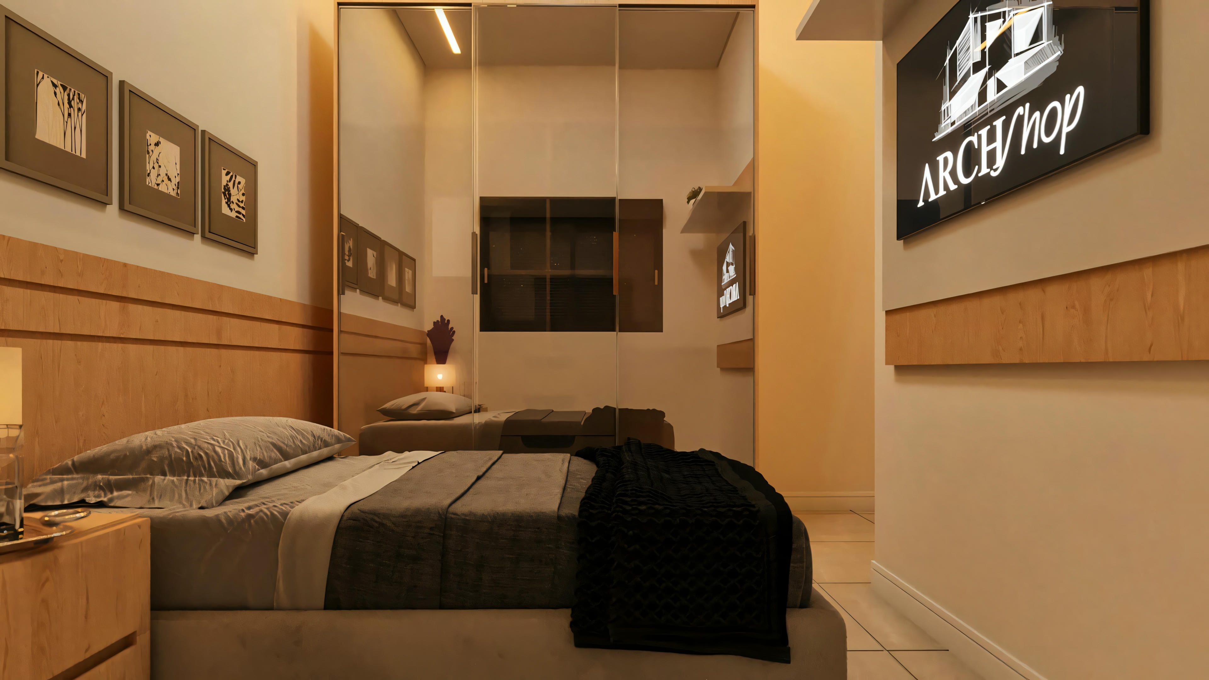 Ángulo del dormitorio de suite en proyecto de casa moderna, evidenciando la cama, el panel de madera que se extiende por la pared, el armario espejado y la TV de pared.