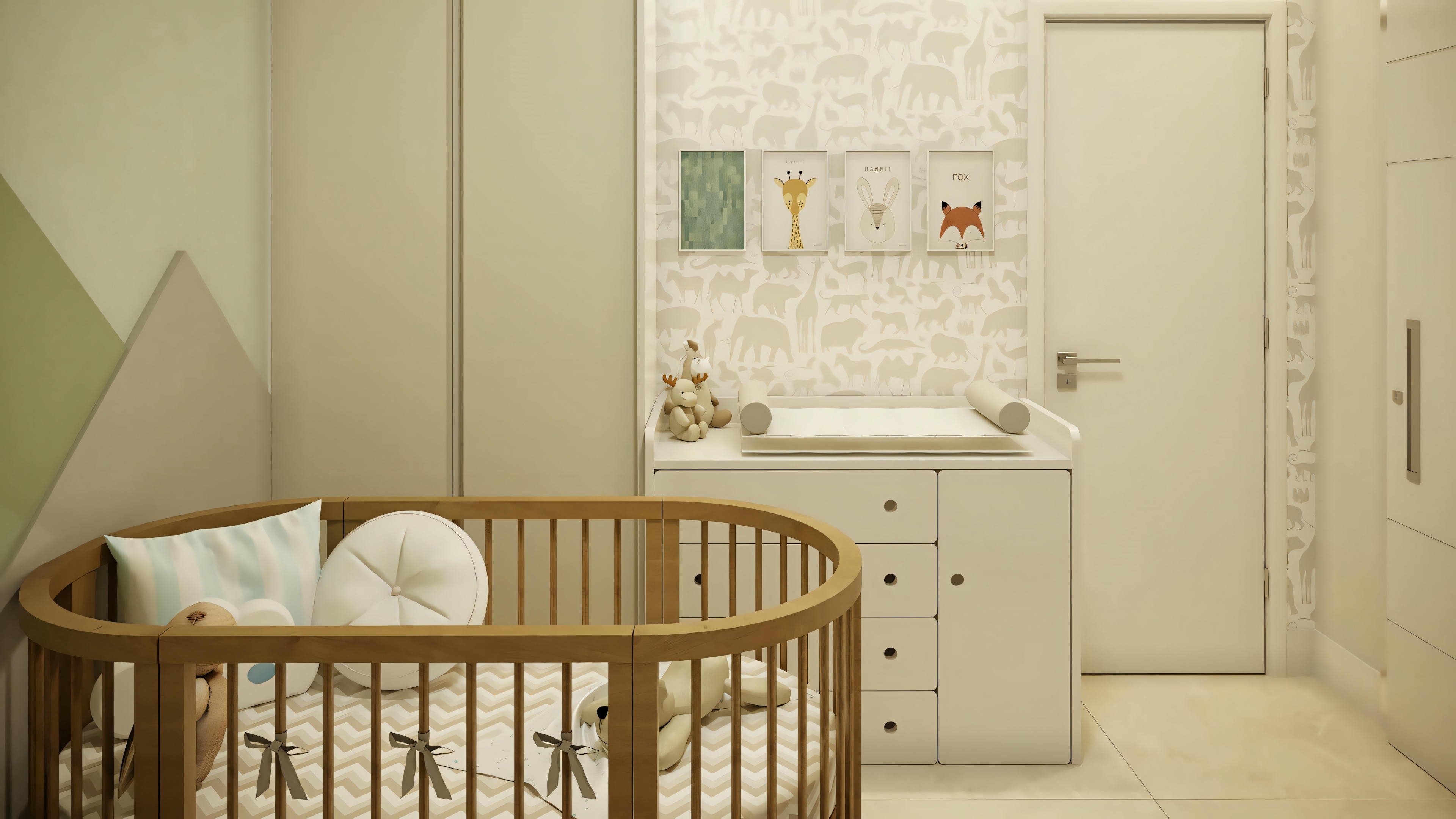 Una habitación de bebé con cuna redonda y cambiador.