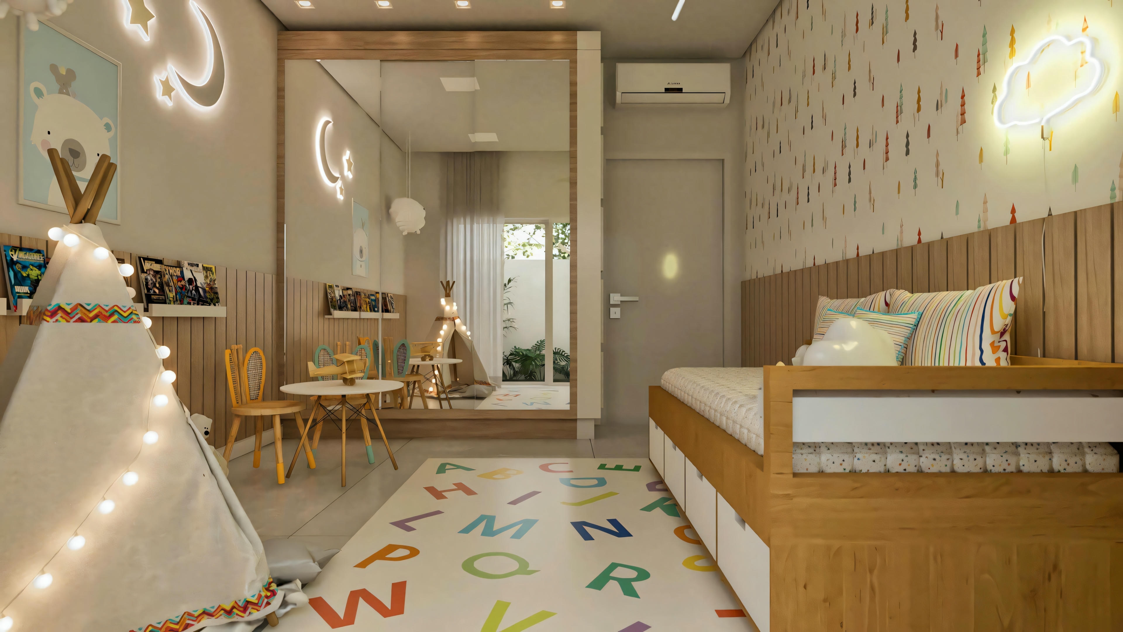 Foto completa de habitación infantil decorada en proyecto de casa de una planta moderna con 3 habitaciones (planta de 203.67m²). Ambiente combina área de dormir con cama/cajones y área de juegos con teepee, además de armario espejado.