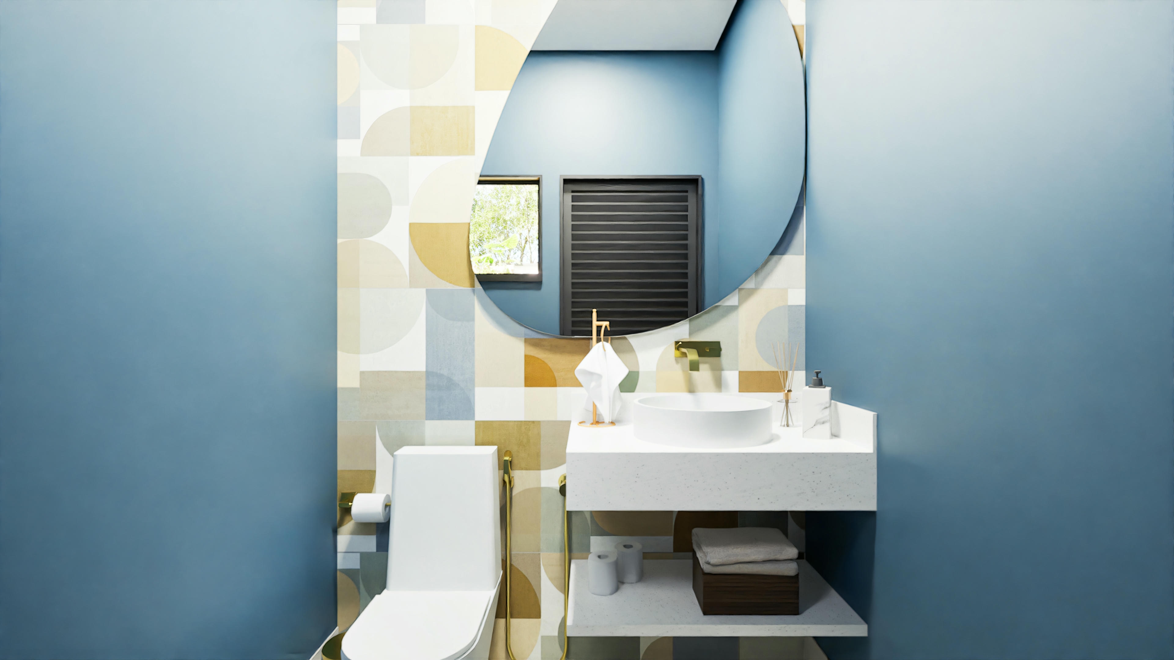 Lavabo com parede azul.