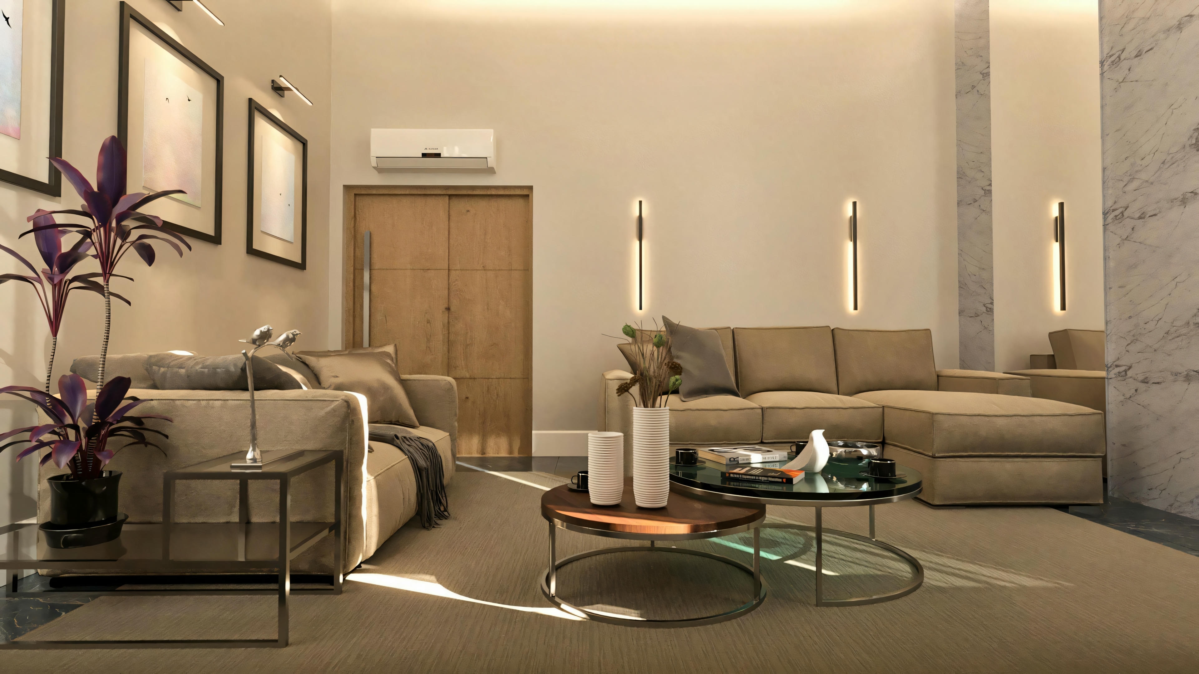 Angle of the living room in a bungalow house project with 3 suites, focusing on the sofa, side tables, and lighting with vertical wall sconces. Wooden door in the background. A 276.43m² bungalow house project with 3 suites, an office, and a gourmet area.