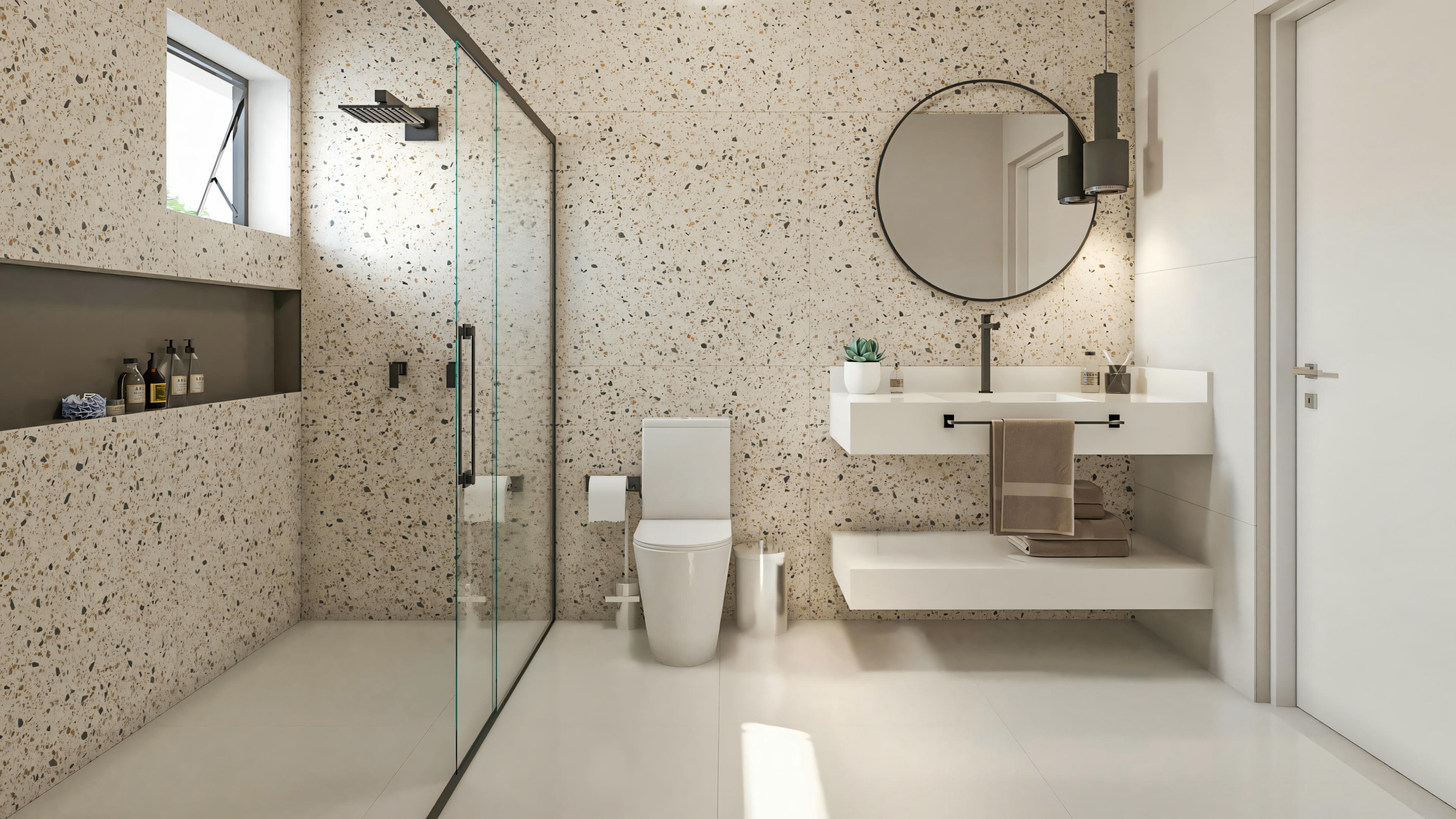 Bathroom with sink, mirror, and shower area.