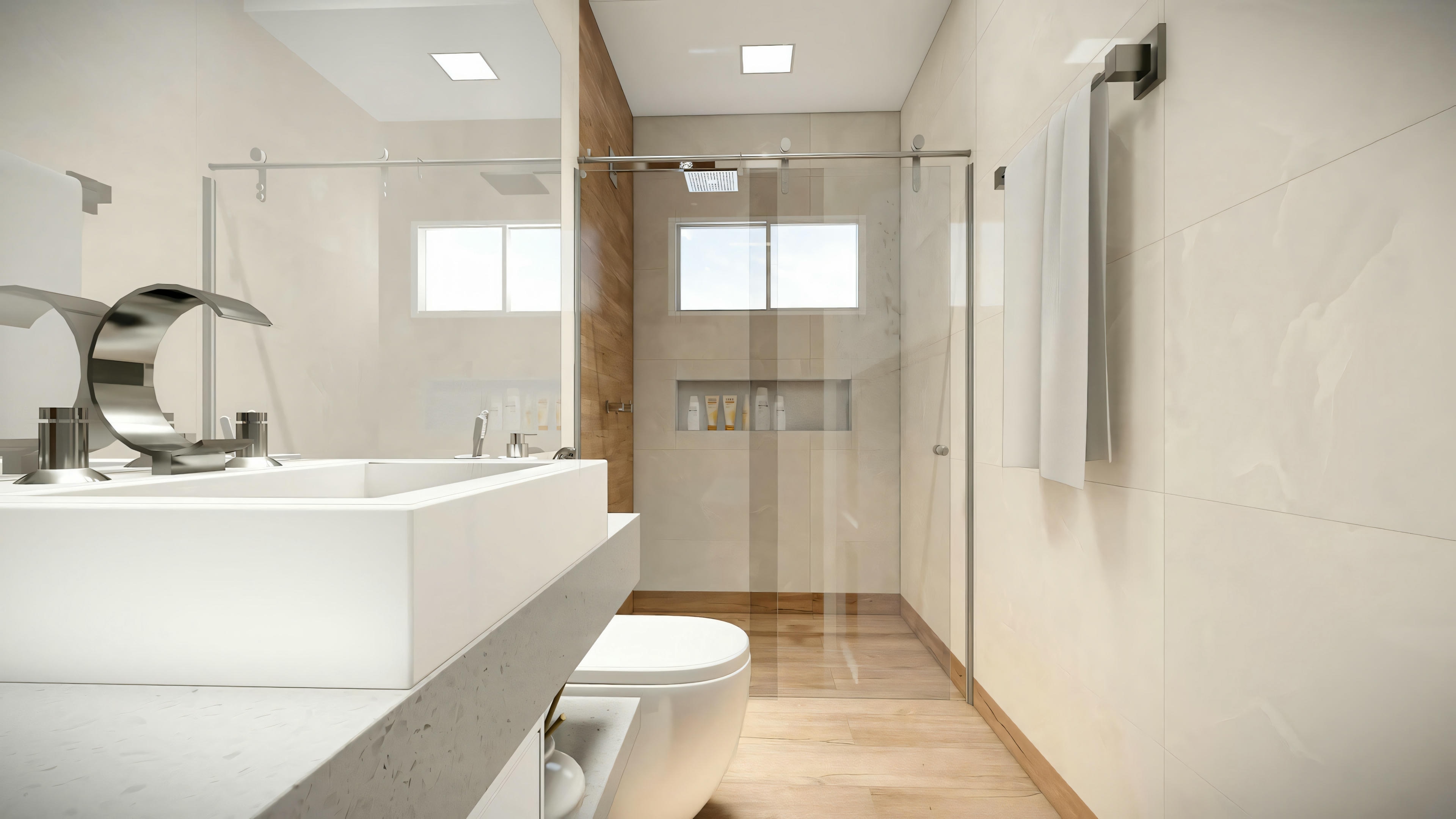 Another angle of a modern bathroom with white walls and contemporary fixtures.