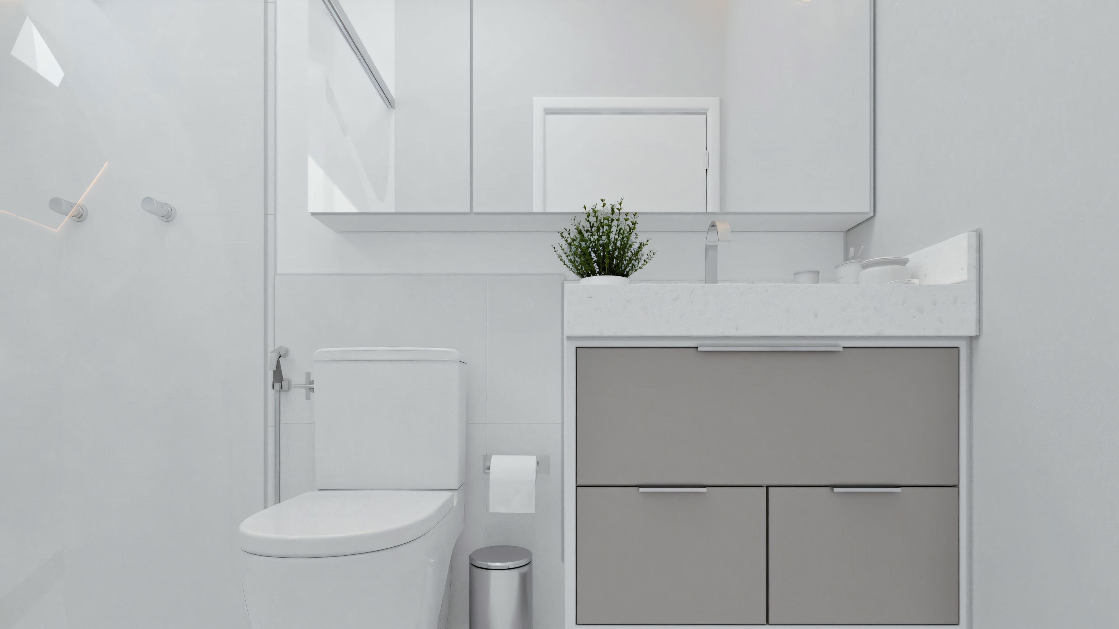 A modern bathroom with minimalist design and natural lighting.