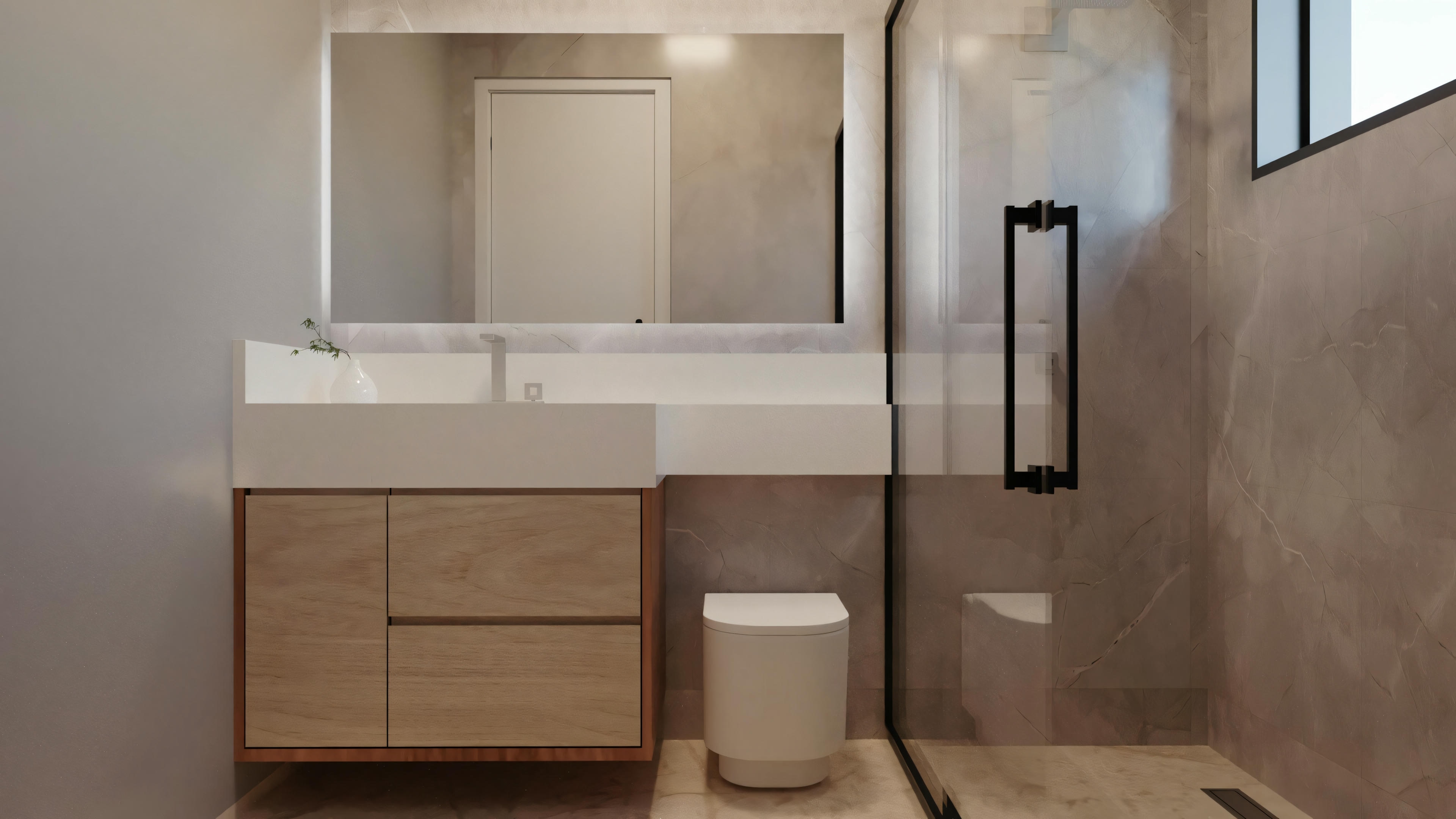 A modern bathroom with a sink, wall mirror, and shower area visible in the background.