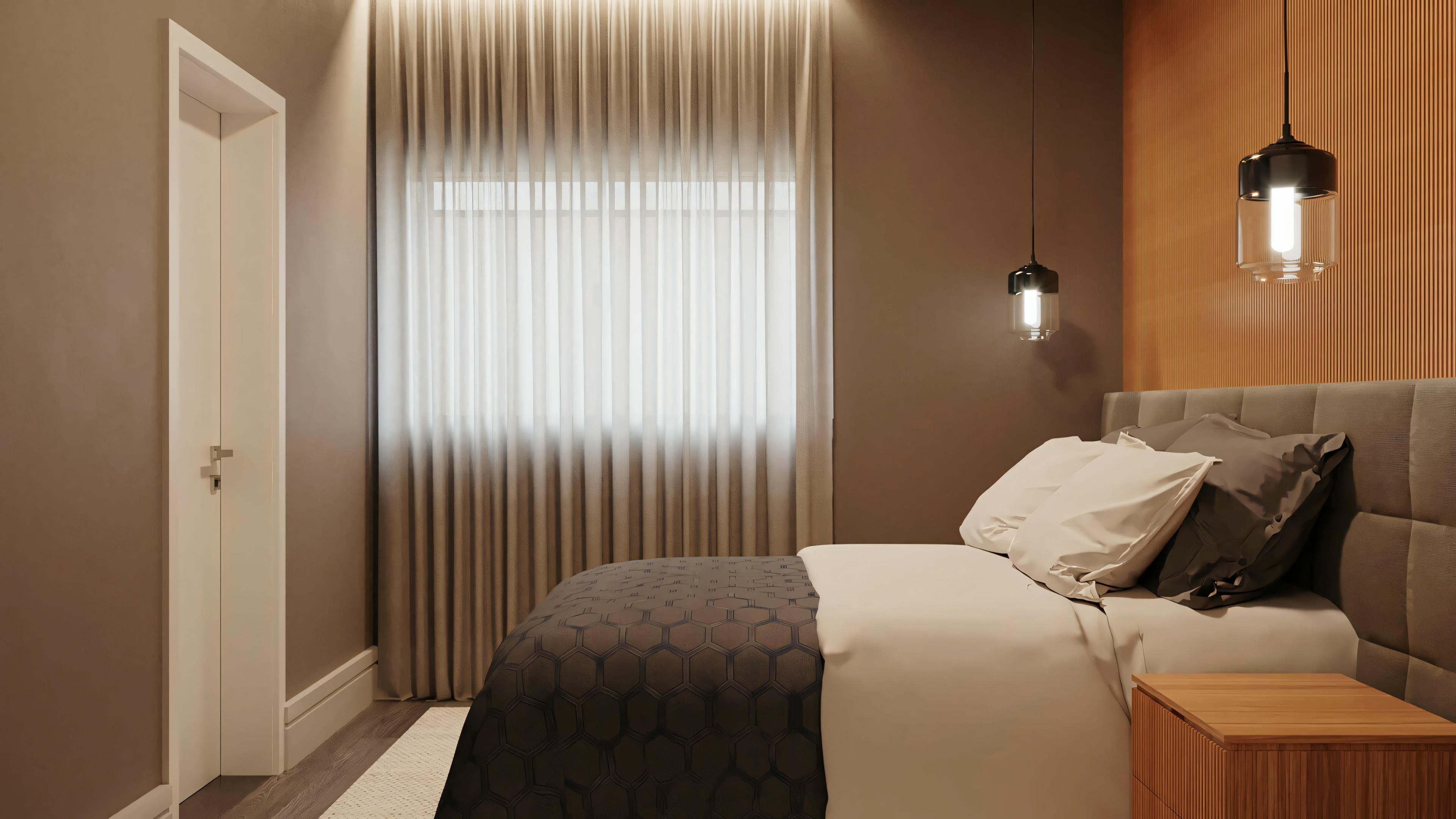 A modern bedroom with a bed and bedside lamps.