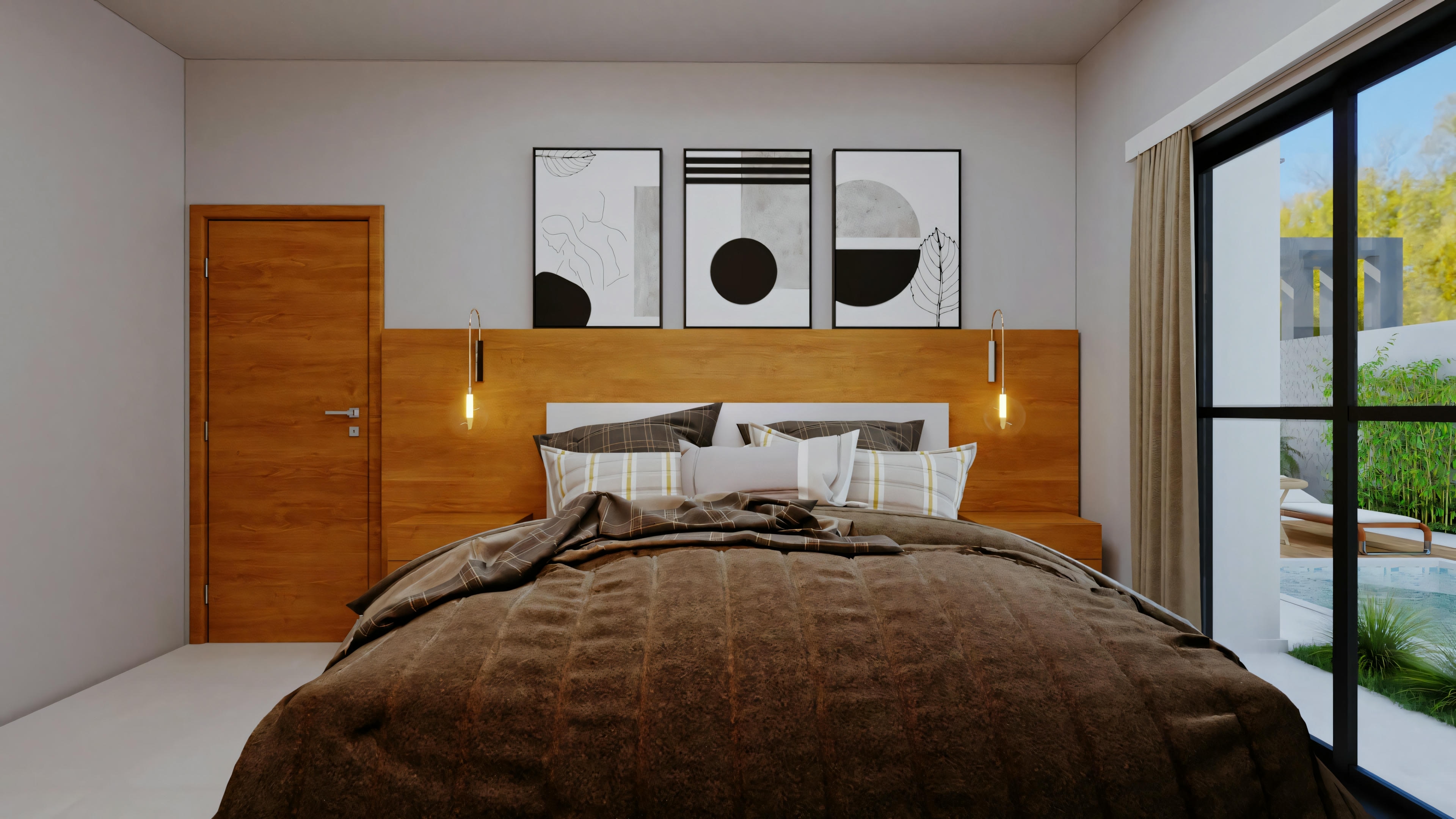 A modern bedroom with a large bed, two black wall-mounted lights, and a window overlooking greenery.