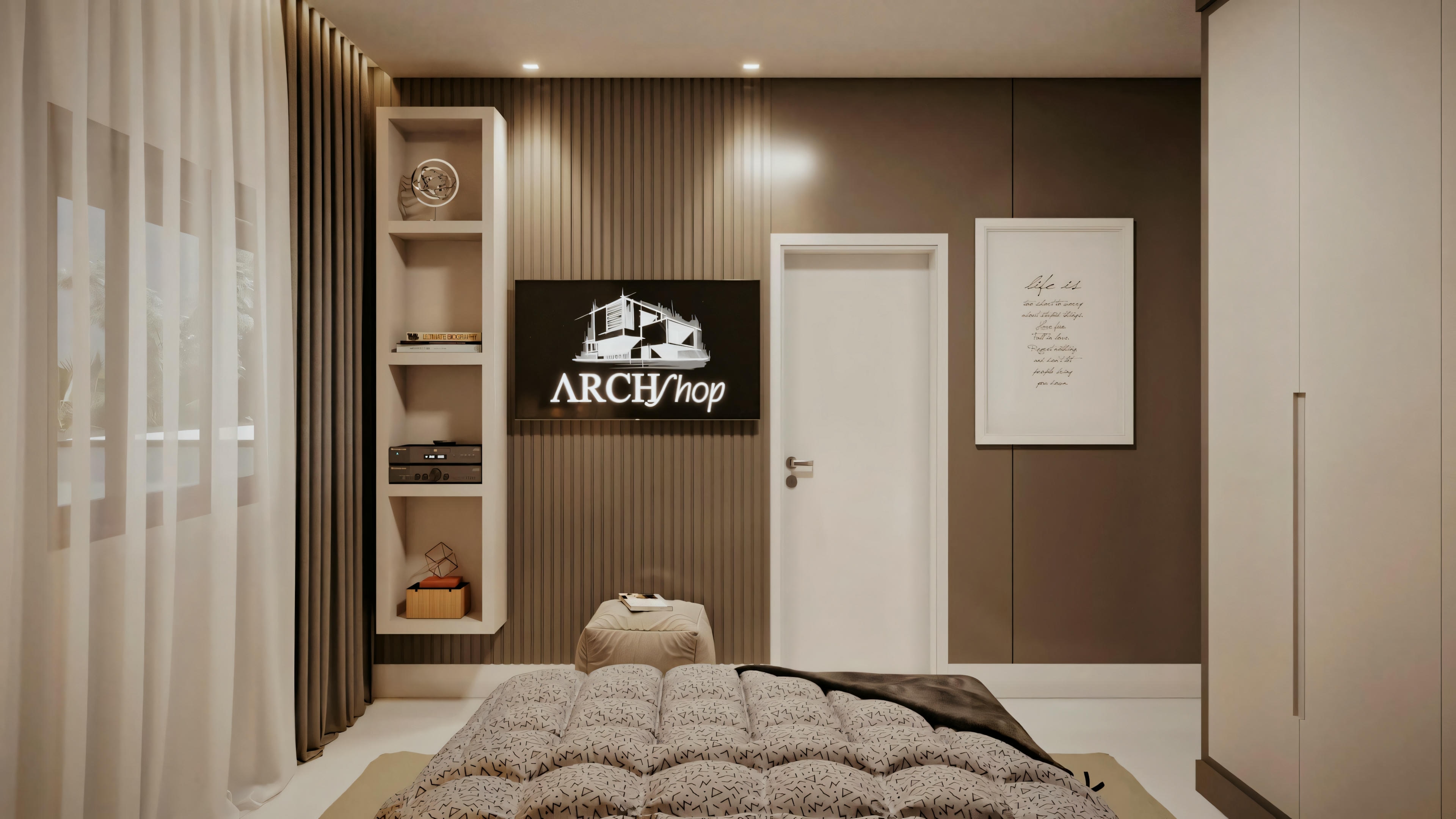A modern bedroom with a large bed covered with a gray duvet, a wooden headboard, nightstands, and wall shelves with decorative items.