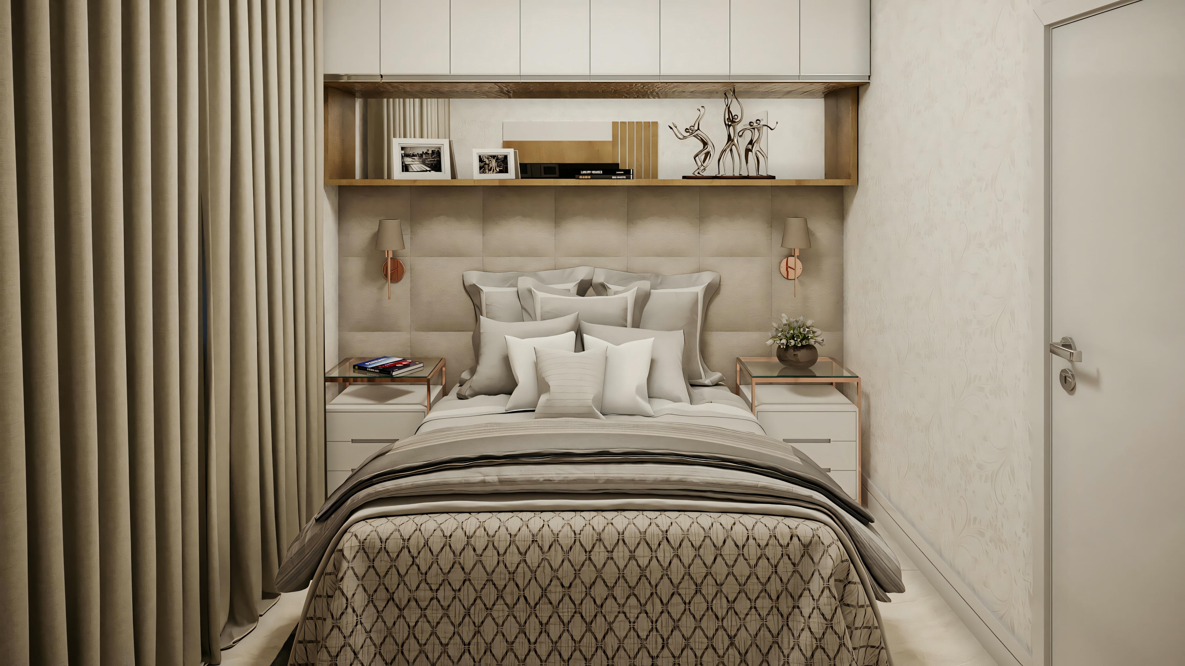 A bedroom with a large bed, upholstered headboard, nightstands with lamps, and artwork above the headboard.