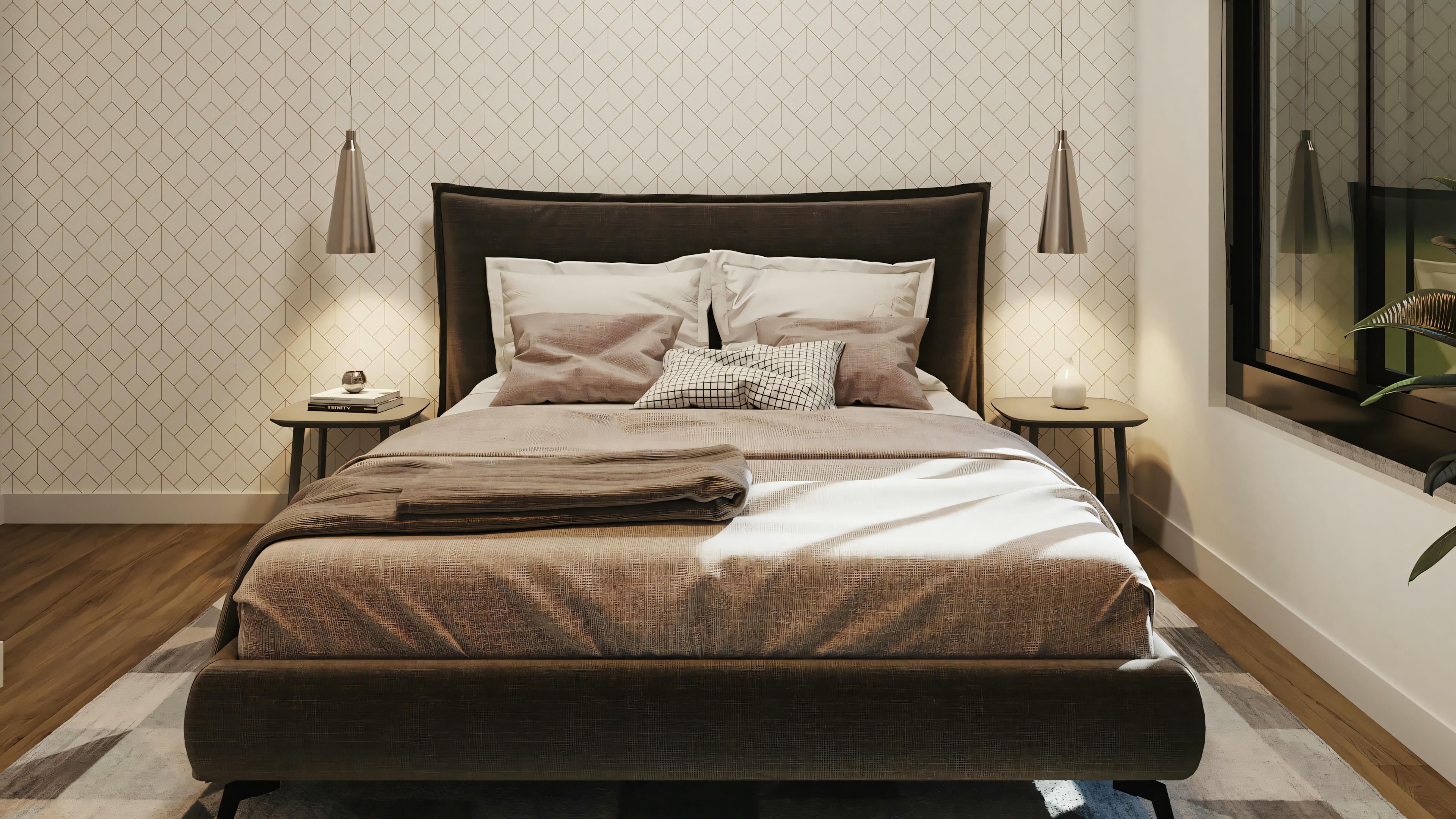 Bedroom with made bed, natural light coming through the window.