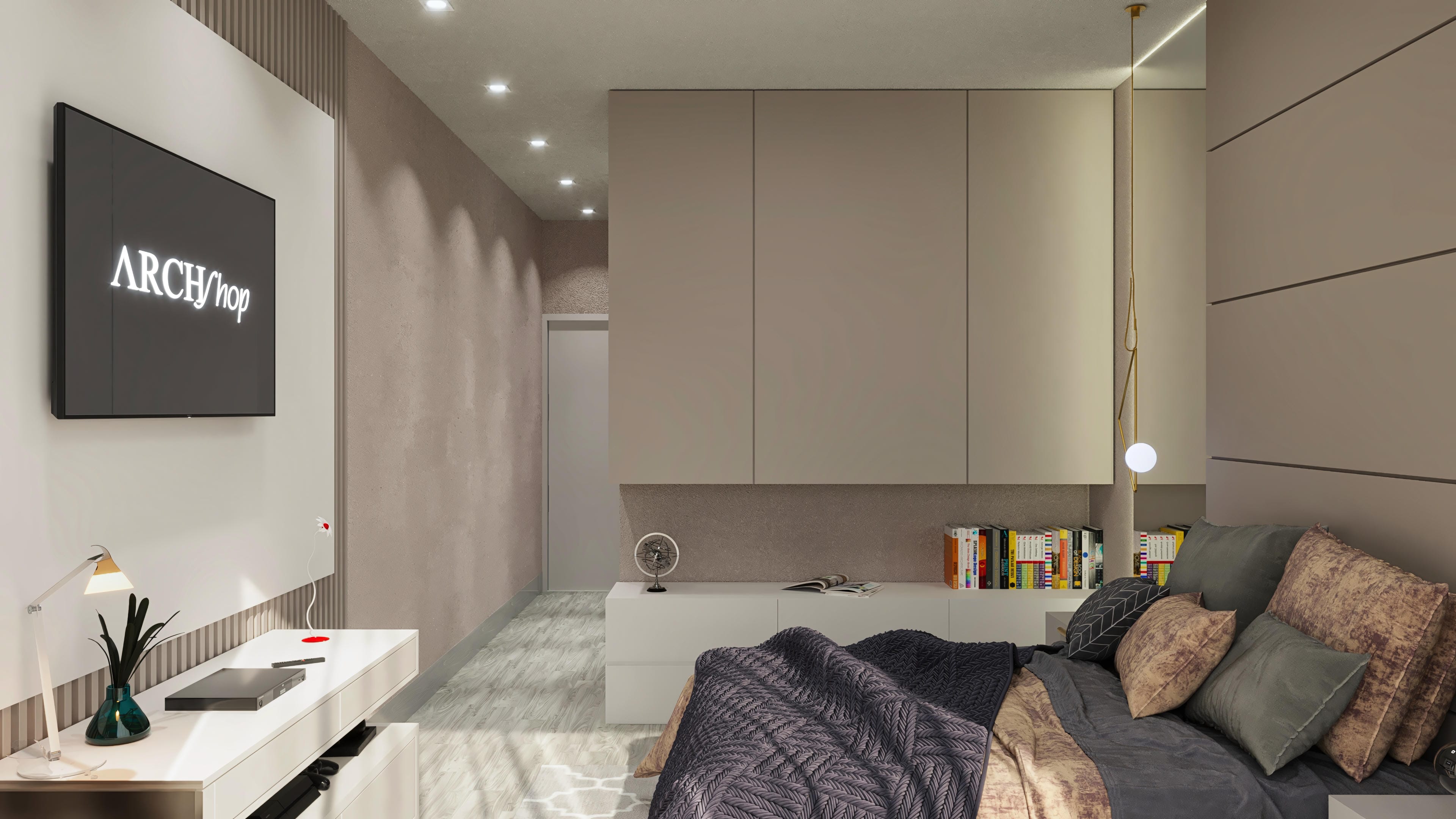 Modern bedroom interior with neutral-toned custom cabinets, bed with textured bedspreads, and built-in lighting. Minimalist and functional decoration.