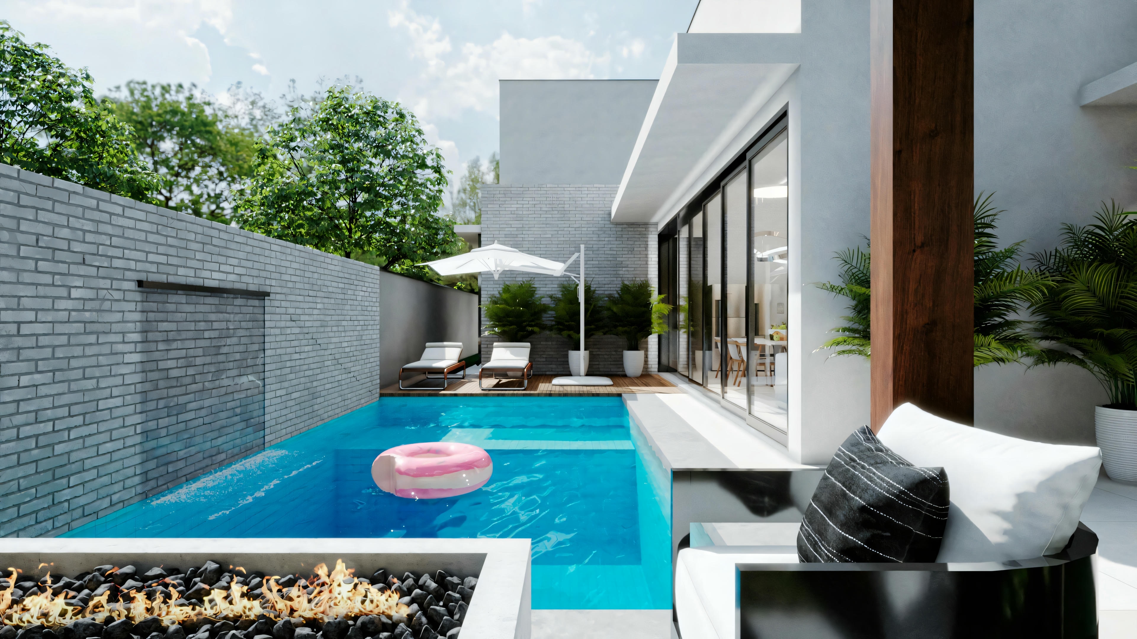 A modern garden with a pool, sitting area, and decorative lighting.