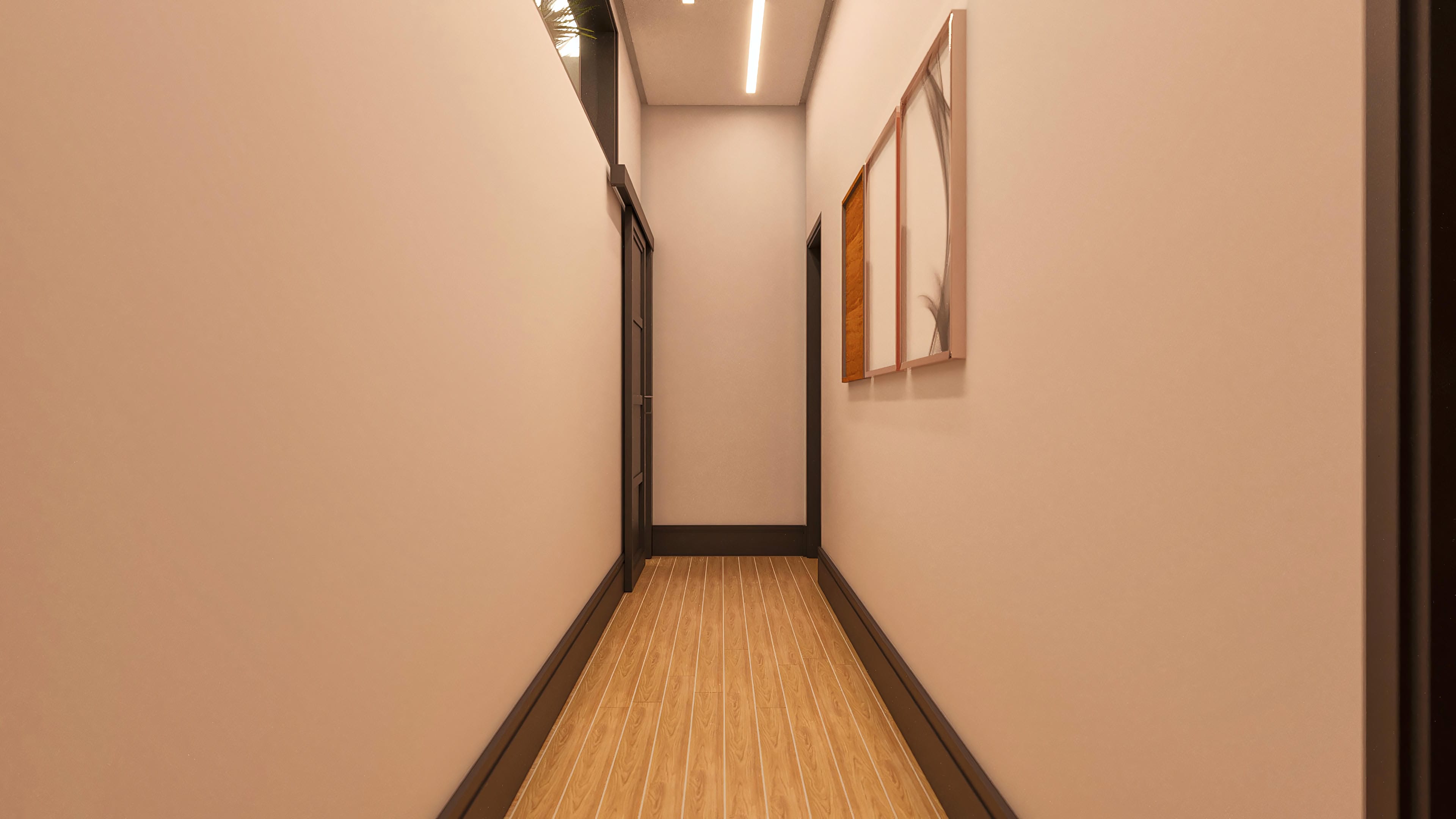 Internal hall with walls in a soft nude tone, dark baseboard, and wood-patterned flooring with light stripes. Recessed ceiling lighting.