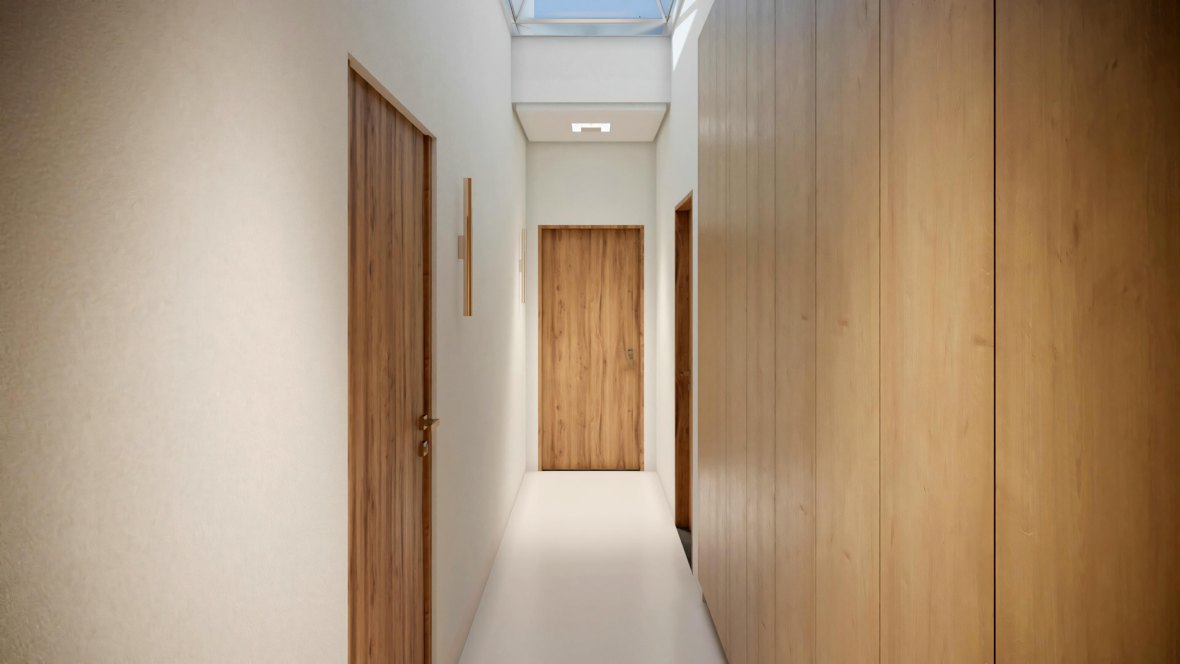A hallway with wooden walls and floors, illuminated by soft lighting, creating a warm and modern atmosphere.
