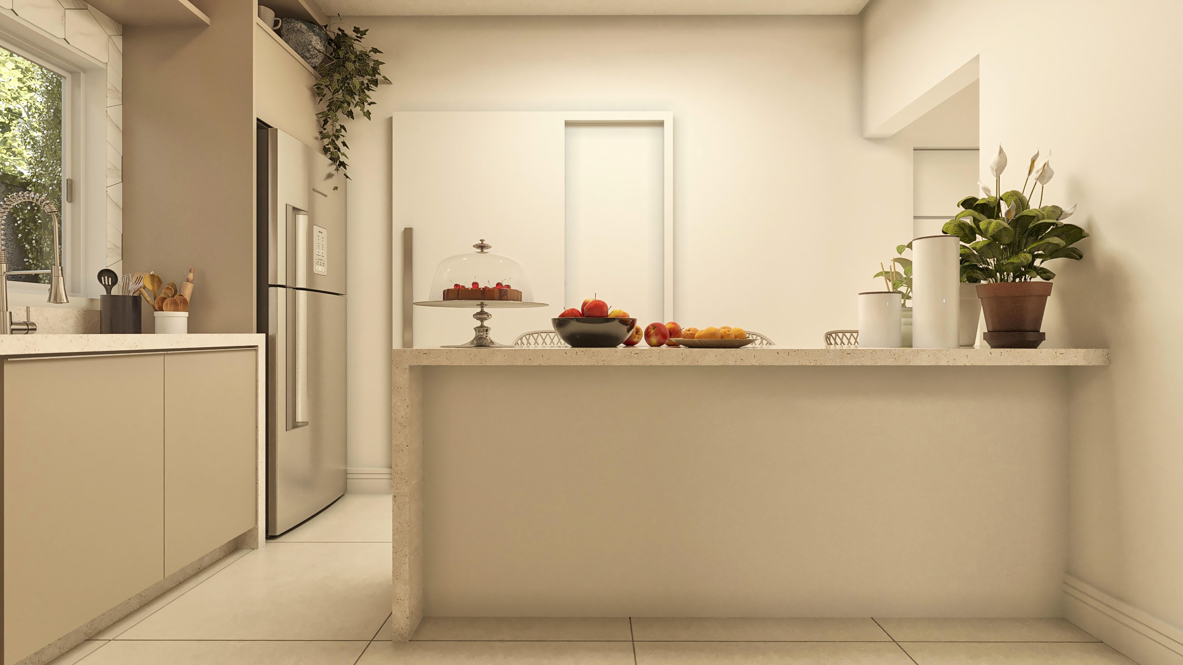 Kitchen counter with island in light cement material, with utensils and fruits arranged, next to custom cabinets and a modern refrigerator.