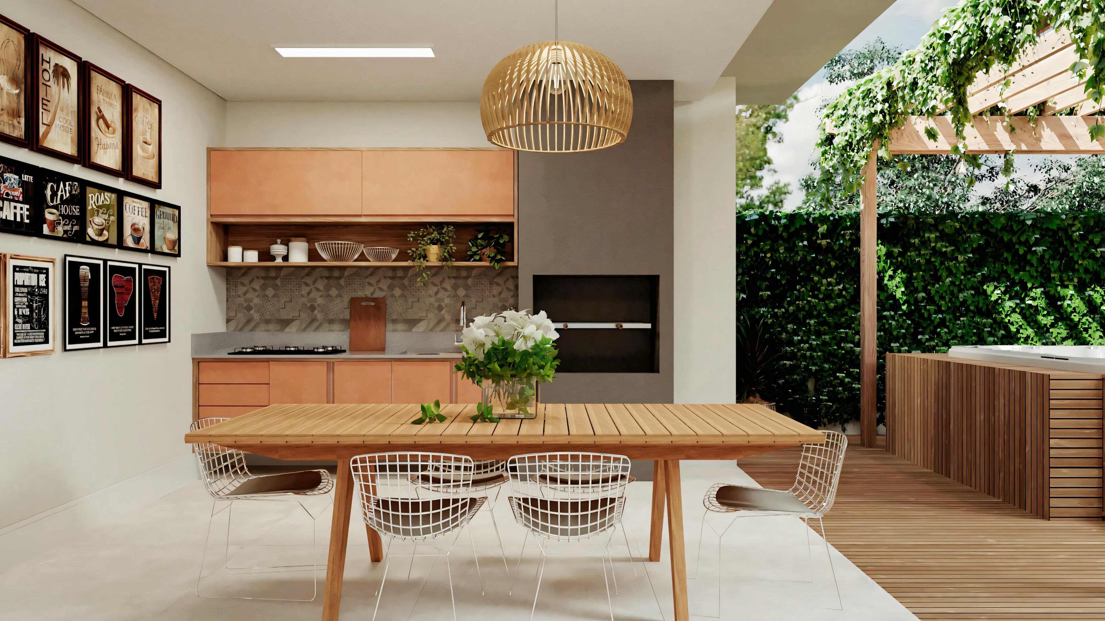 Modern kitchen with dining area, elegant cabinets, island with stools, and pendant lights above the dining table.