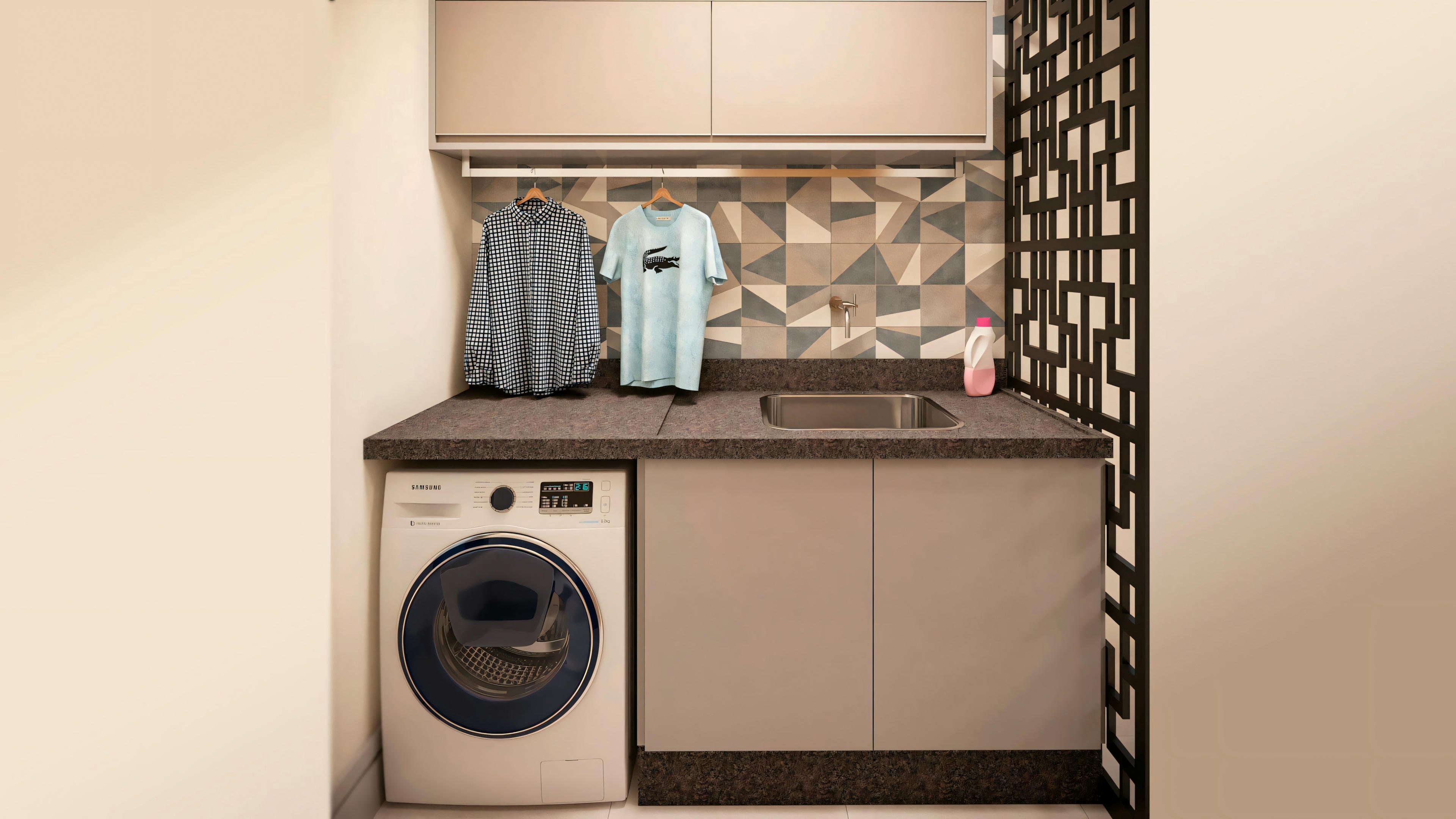 Modern laundry area with a washing machine, sink, and folded towels on the shelf.
