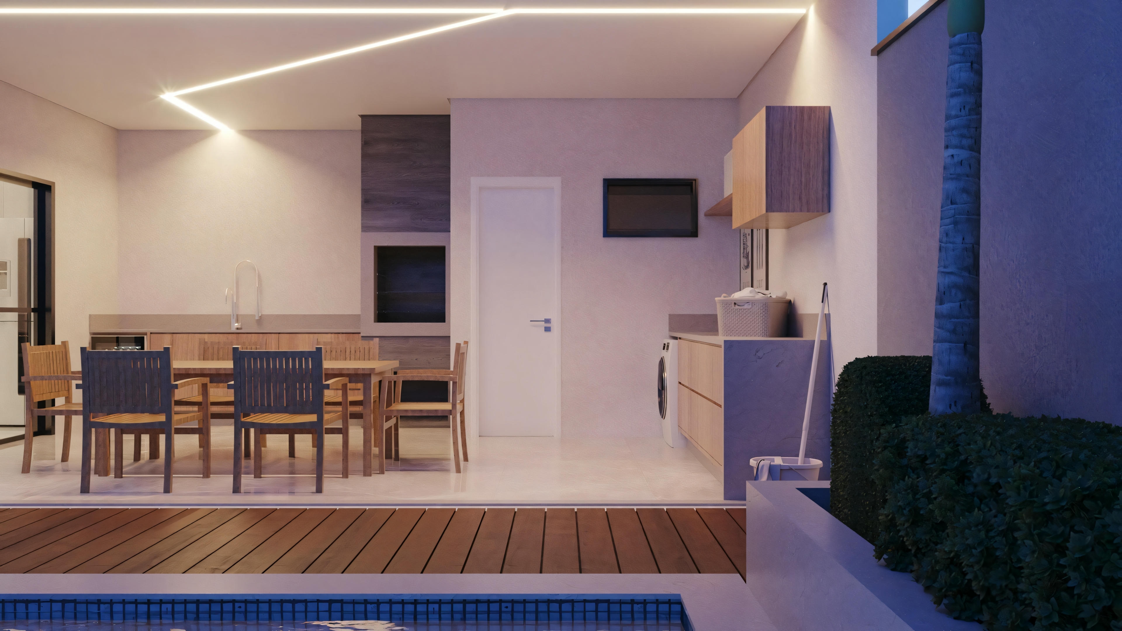 A living space with a dining area in the background and a bedroom area in the foreground, with warm lighting and decorative elements.