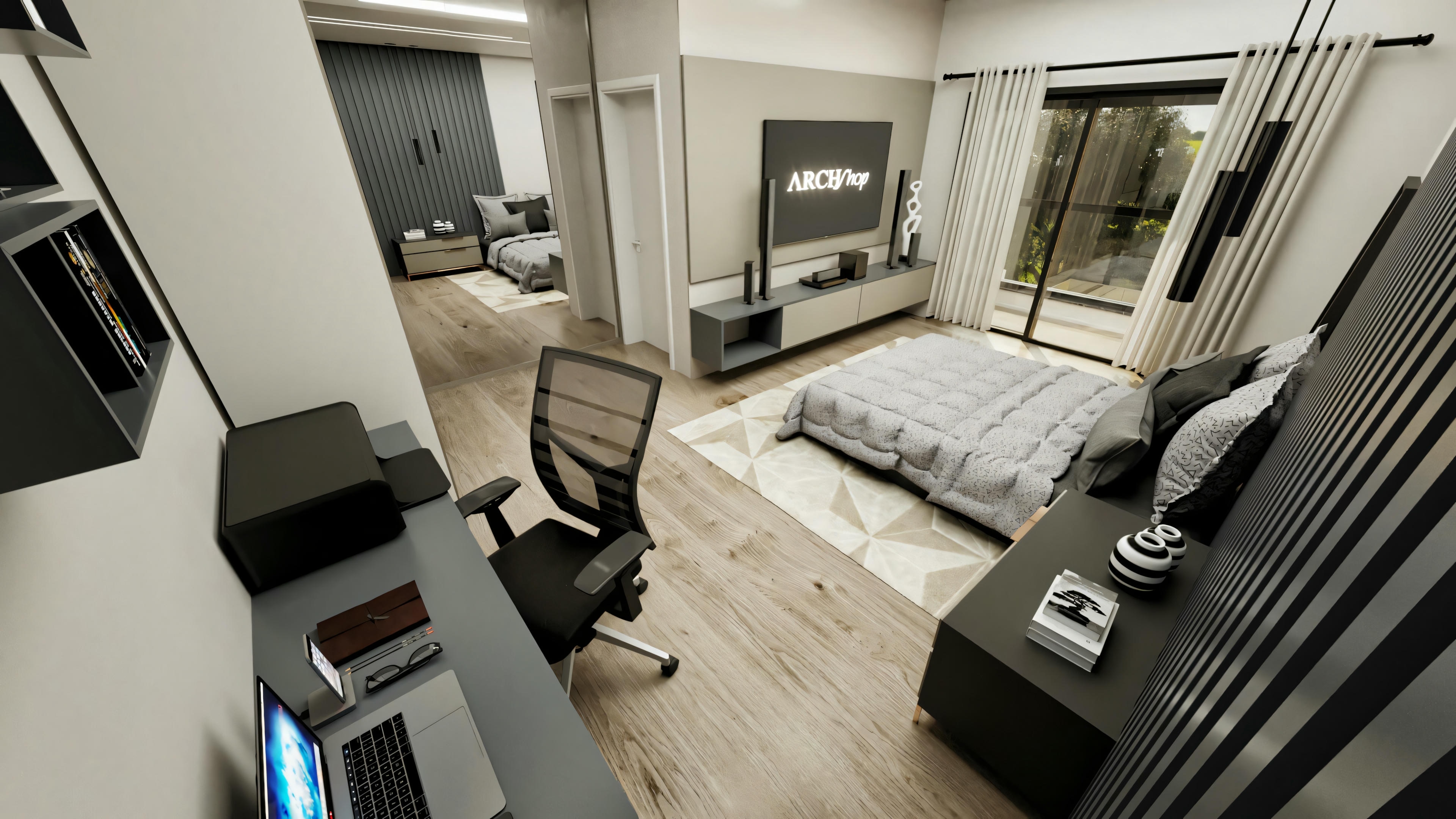Wide top view of the suite bedroom in a modern type 4 house, showing the home office countertop, double bed, TV panel, slatted panel, and reflecting mirror.