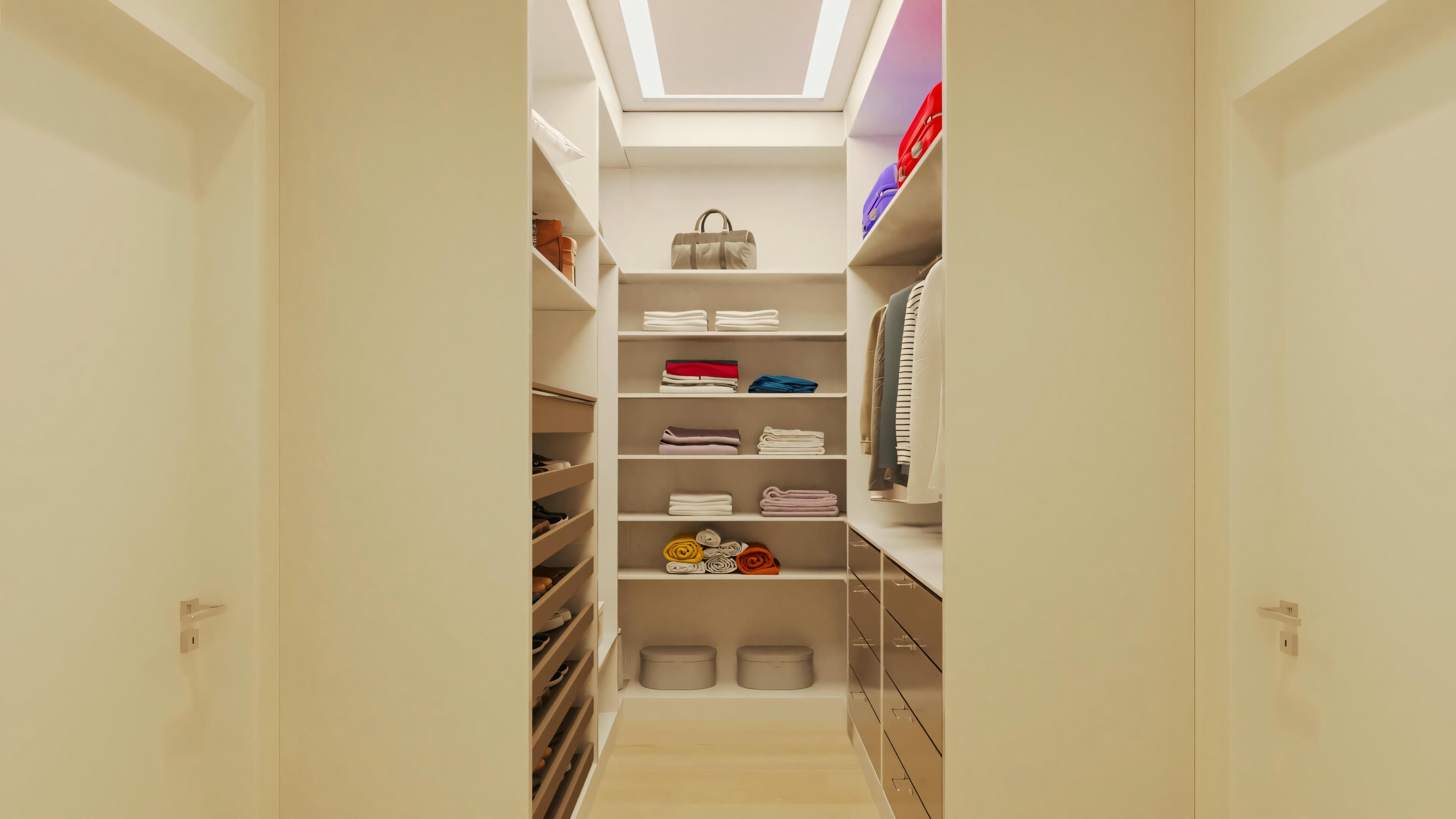 Closet de uma das 5 suítes do projeto pronto, com armários abertos brancos, prateleiras, gaveteiros e espaço para sapatos.