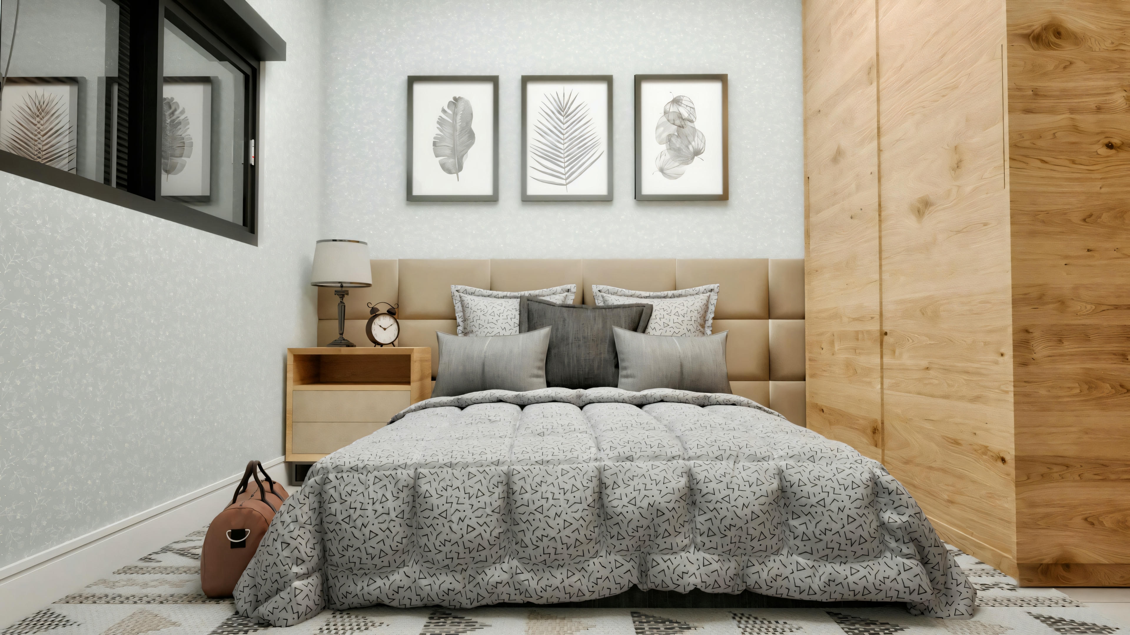 Quarto de casal em casa de campo com cabeceira estofada, roupa de cama em tons neutros e armário de madeira clara.