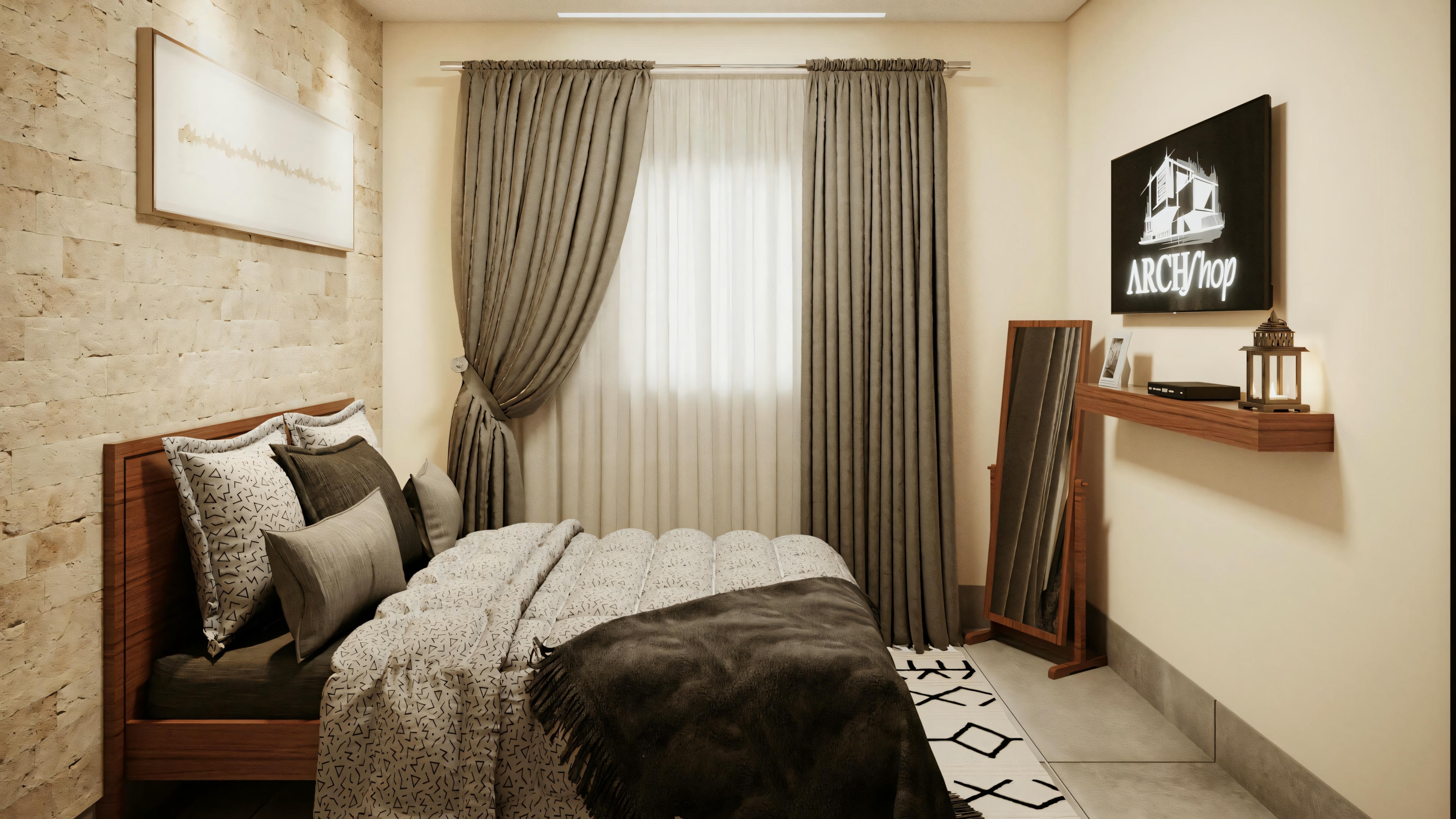 Quarto com cama, criado-mudo e janela com cortinas.