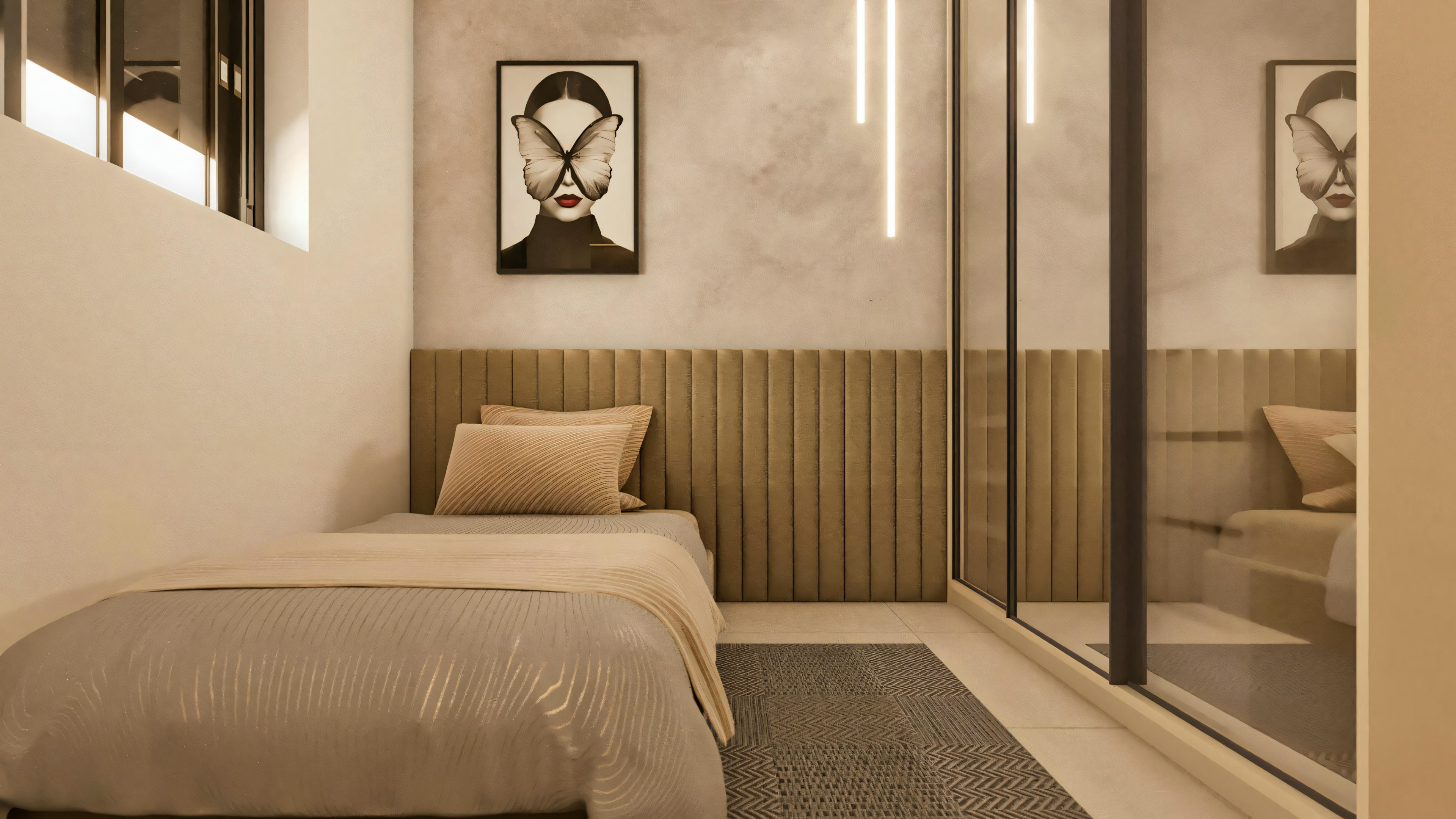 Outro quarto de suíte na casa térrea de 3 quartos. Apresenta cama de solteiro com cabeceira alta estofada e canelada, parede texturizada com quadro, tapete e armário com portas de espelho e perfis pretos.