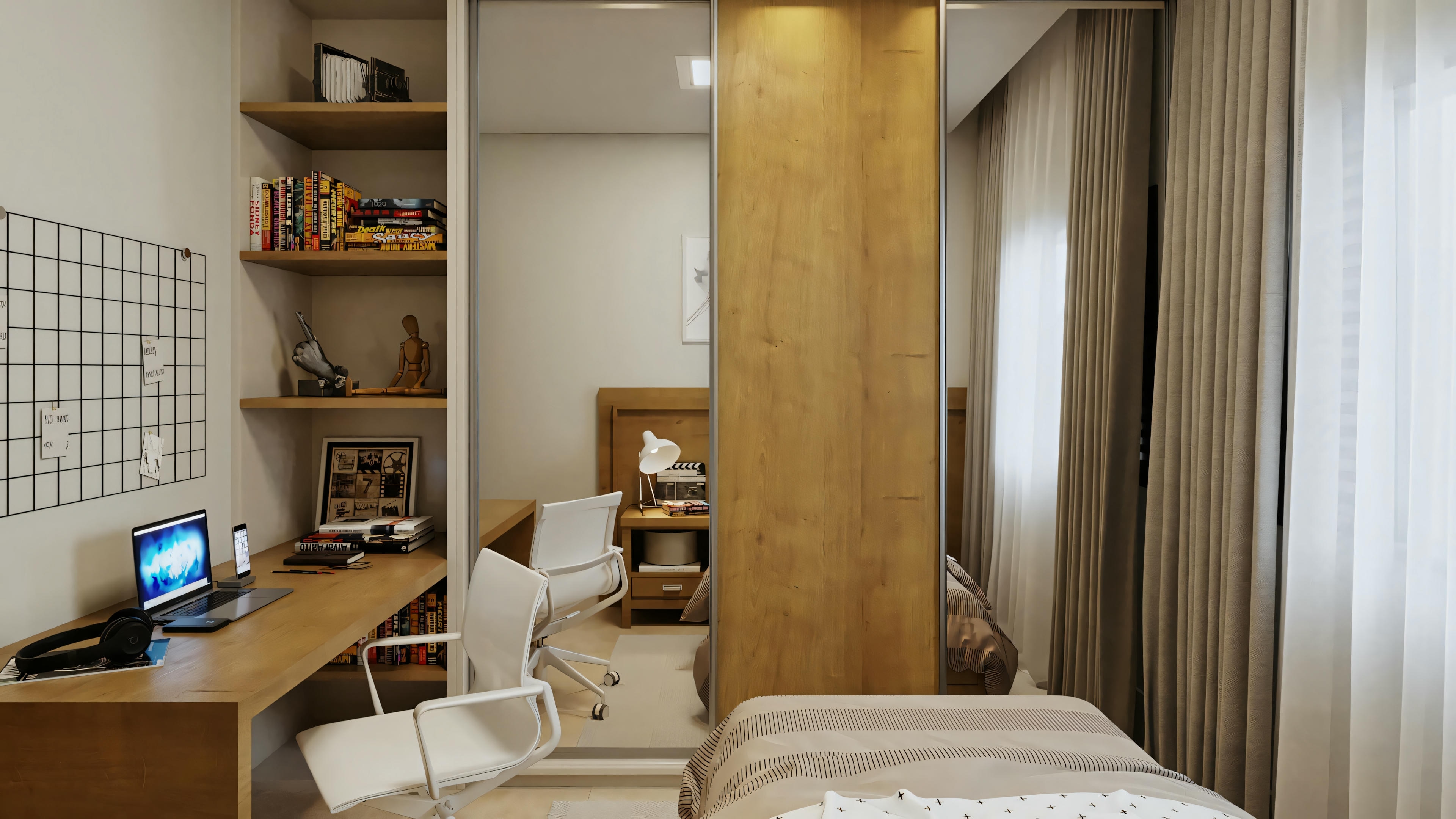 View of the third multifunctional bedroom of the ready-made single-story house project with 3 bedrooms (2 of which are suites). The room combines a single bedroom with a home office space, including a desk, shelves for books/objects, and a wardrobe with a mirrored door.