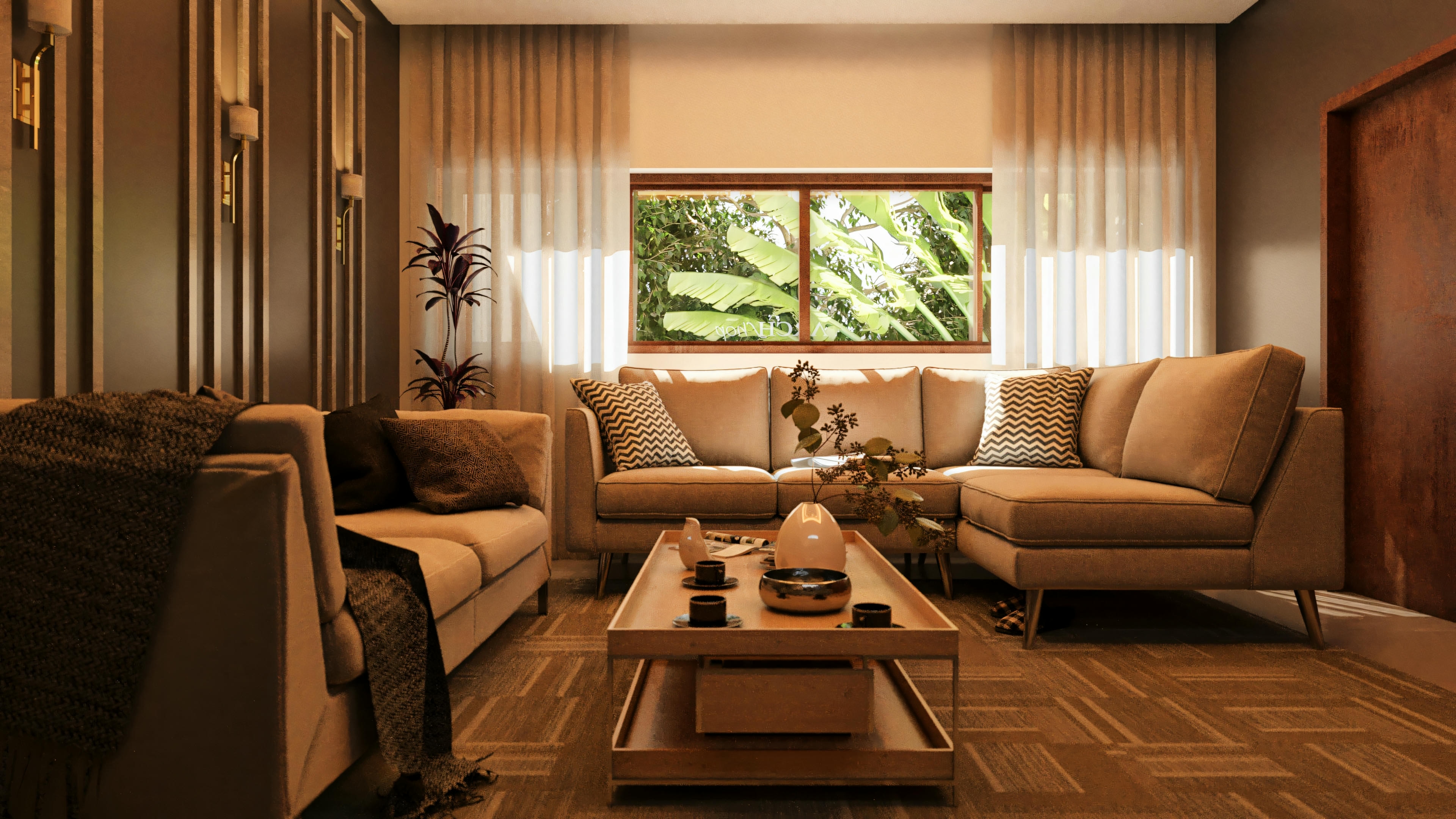Angle of the suite bedroom in a modern house project, highlighting the bed, the wooden panel extending along the wall, the mirrored wardrobe, and the wall-mounted TV.