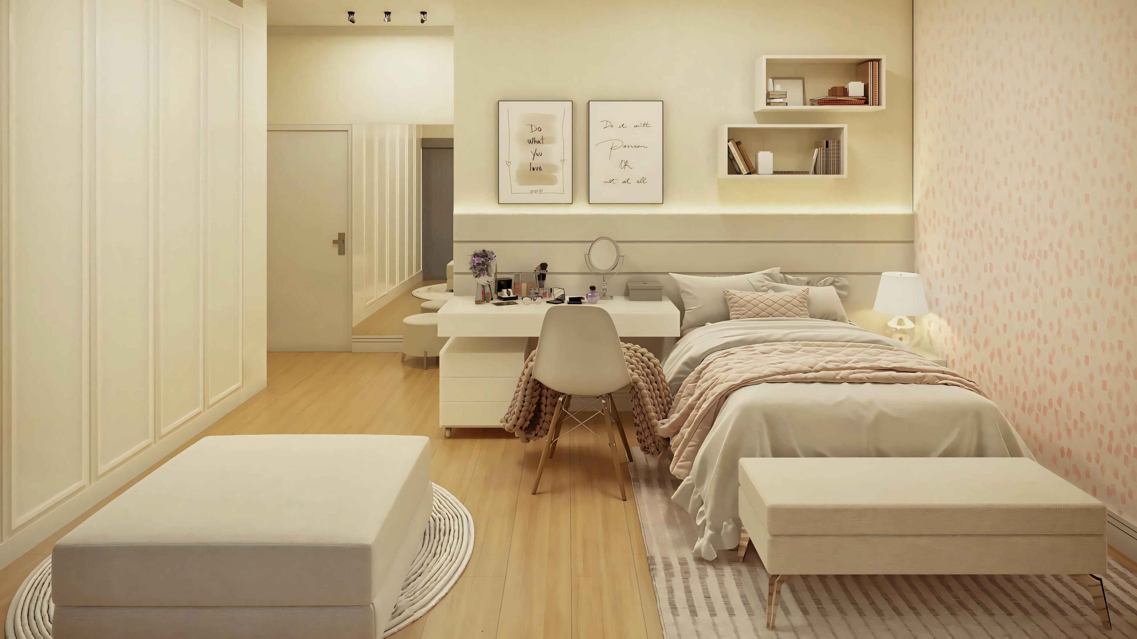 Vista de la suite completa con armario planificado, parte del plano listo de casa con 3 suites y área gourmet. Proyecto casa lista de 368m² en terreno de 25x40.