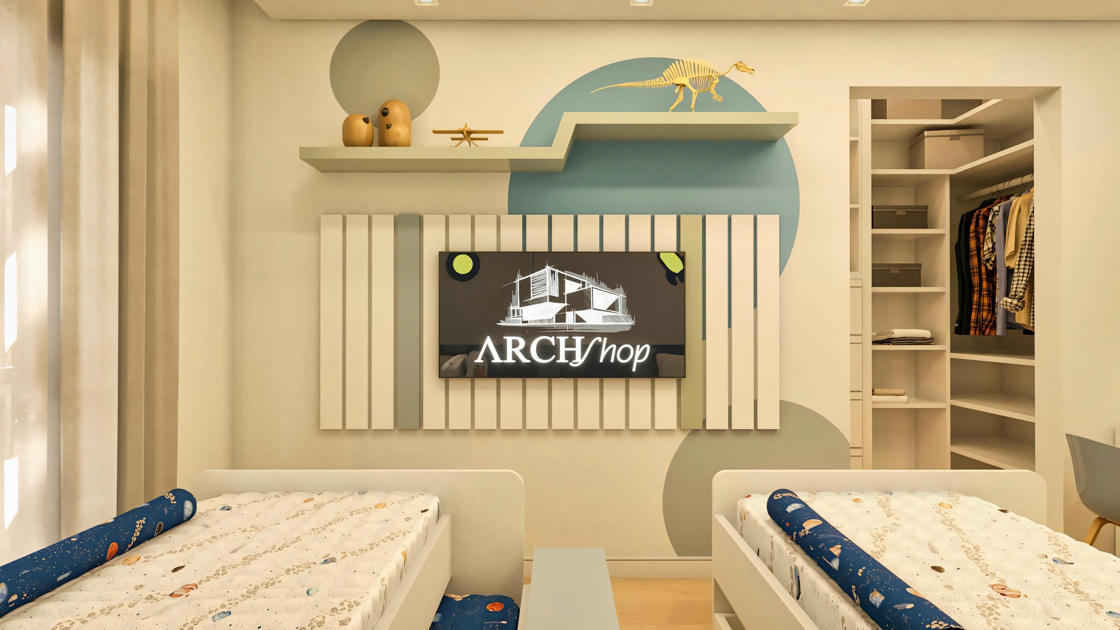 Suíte infantil em casa de luxo mostrando camas, painel de TV ripado e closet aberto com prateleiras.
