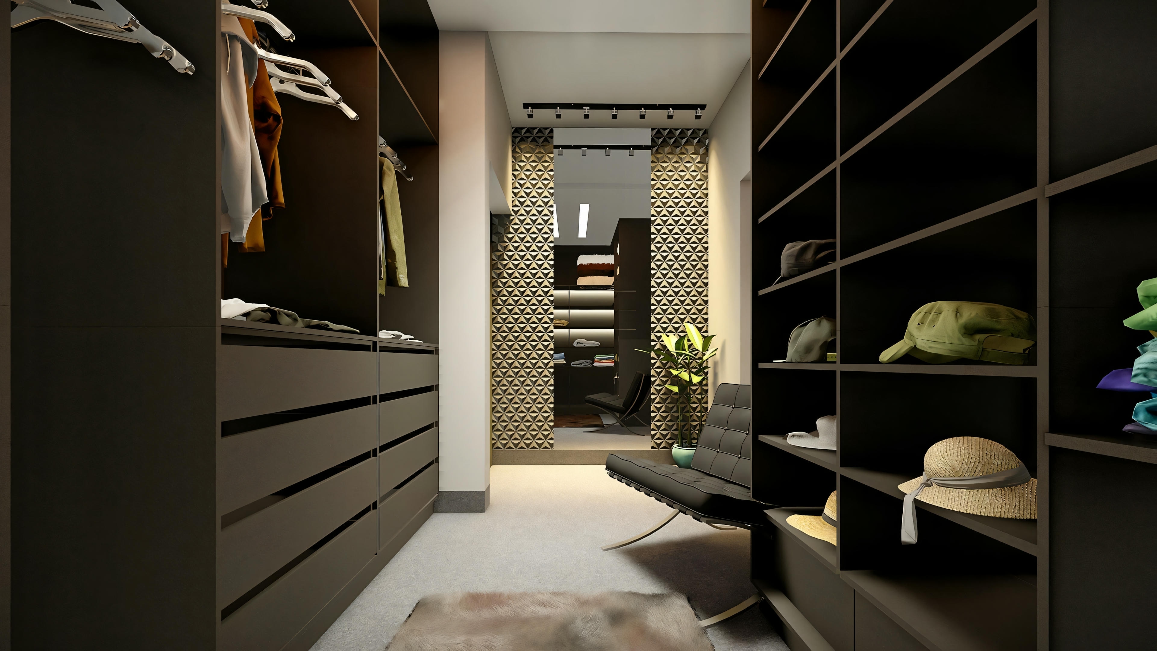 Un vestidor moderno con ropa colgada y estanterías organizadas con zapatos y cajas de almacenamiento.